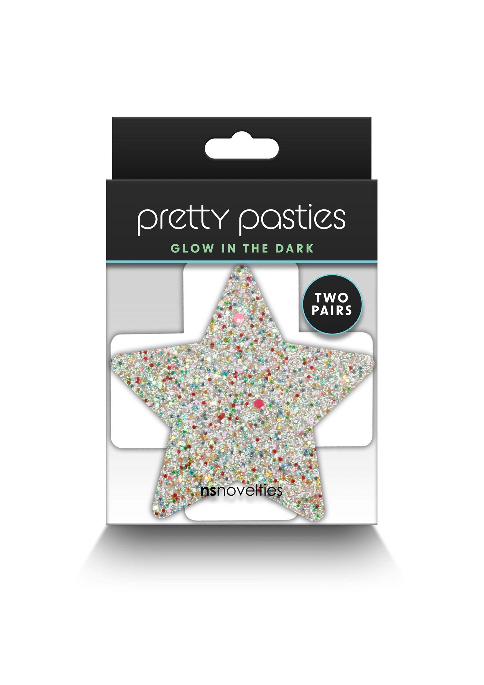 Pretty Pasties cache-tétons étoile pailletée phosphorescente. Deux paires par paquet.; Pretty Pasties glitter ster tepelbedekkers die oplichten in het donker. Twee paar per pak.; Pretty Pasties glitter star nipple covers that glow in the dark. Two pairs per pack.