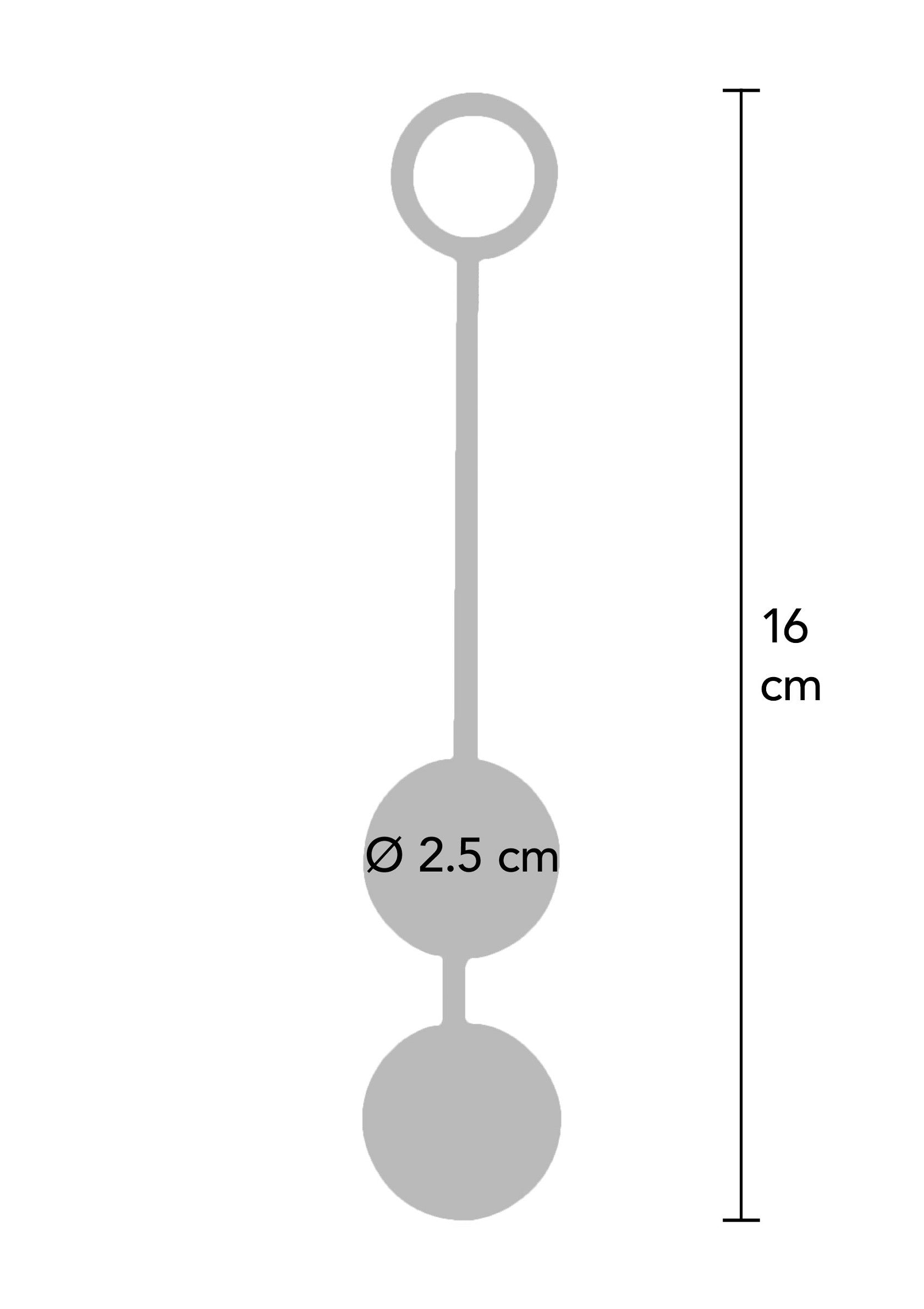 Image d'un sex toy (boules de geisha) avec indication de dimensions : 16cm de long et diamètre de 2.5cm pour les boules.; Afbeelding van een seksspeeltje (geishaballen) met maatvoering: 16cm lang en diameter van 2.5cm voor de ballen.; Image of a sex toy (geisha balls) with dimension indications: 16cm long and 2.5cm diameter for the balls.