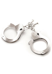 Menottes argentées avec clés pour jeux coquins et érotiques. Accessoire de fétichisme pour adultes.; Zilveren handboeien met sleutels voor ondeugende en erotische spelletjes. Fetisjaccessoire voor volwassenen.; Silver handcuffs with keys for kinky and erotic games. Adult fetish accessory. Fifty Shades of Grey Licensed product.