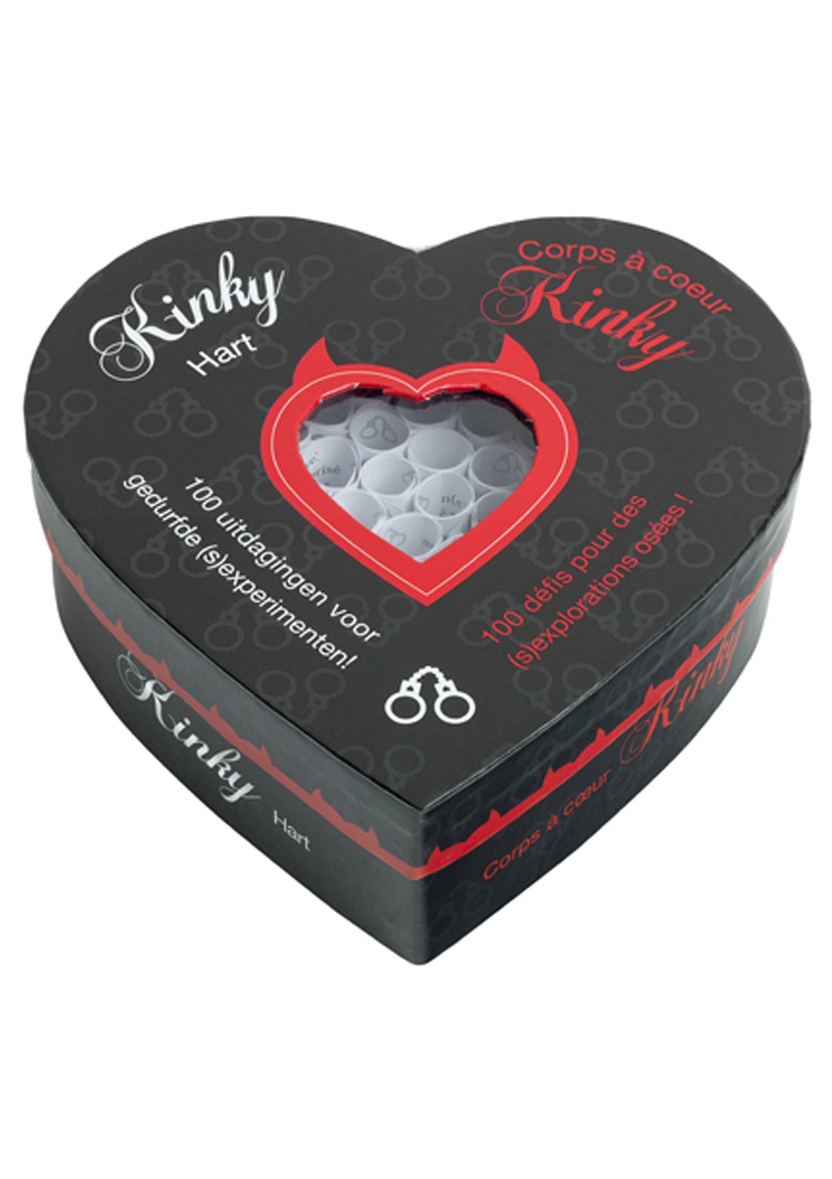 Jeu de défis coquins en forme de cœur. 100 idées pour pimenter votre vie de couple.; Kinky spel in de vorm van een hart. Bevat 100 uitdagende experimenten.; Kinky heart-shaped challenge game. Contains 100 daring experiments for couples.