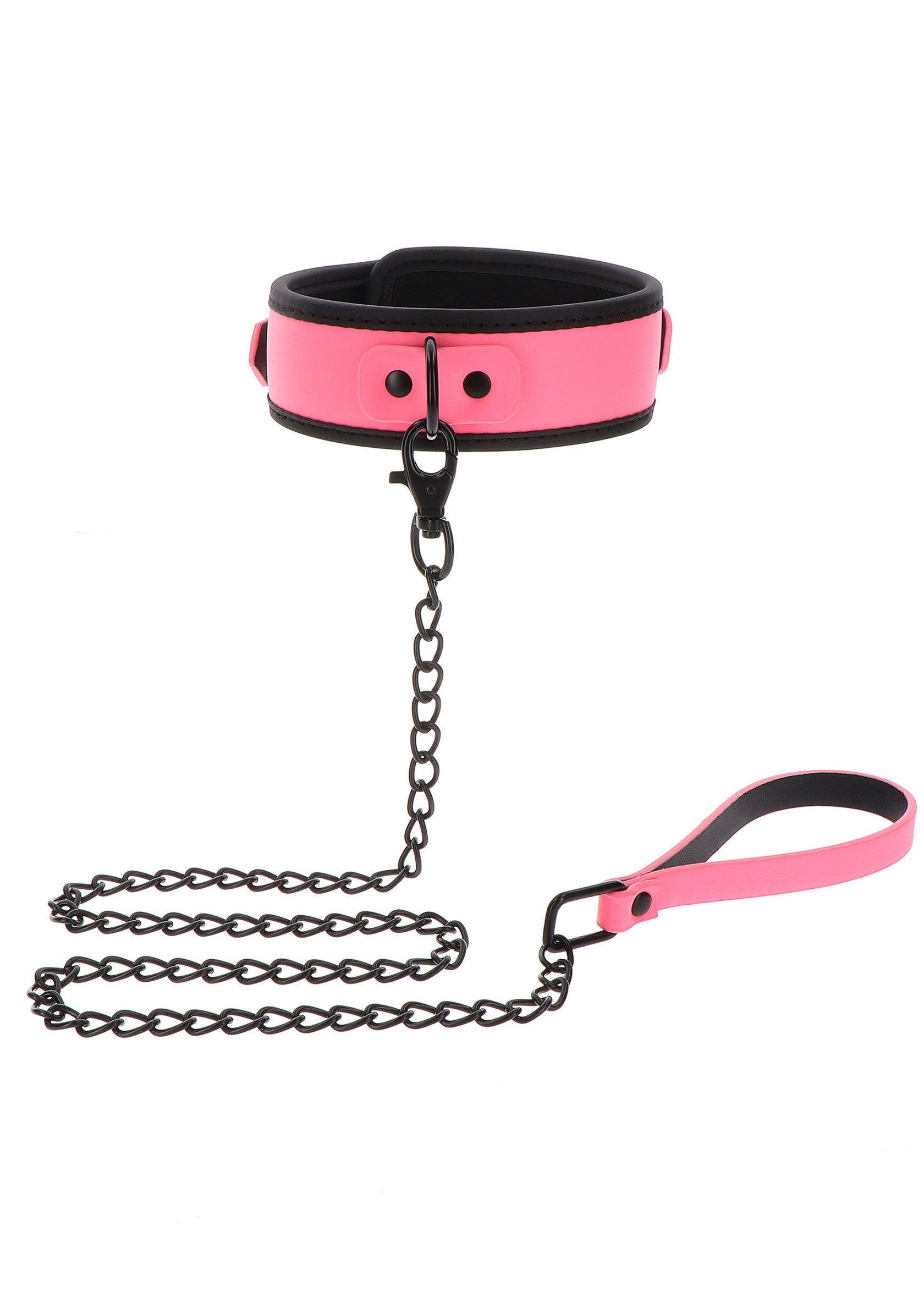 Collier rose avec chaîne noire. Accessoire érotique pour jeux de rôle.; Roze halsband met zwarte ketting. Erotische accessoire voor rollenspellen.; Pink collar with black chain. Erotic accessory for role play.