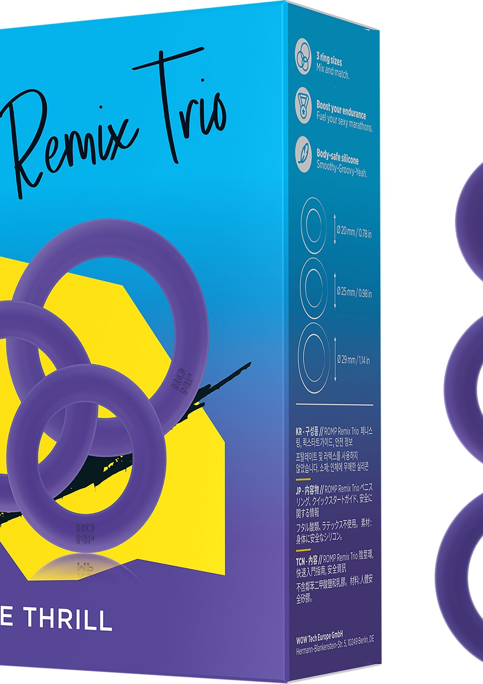 Anneaux péniens Wow Tech Remix Trio pour plus de plaisir. Choisissez parmi 3 tailles pour un ajustement parfait. Silicone sûr pour le corps.; Wow Tech Remix Trio penisringen voor meer plezier. Kies uit 3 maten voor een perfecte pasvorm. Veilig siliconen.; Wow Tech Remix Trio cock rings for added pleasure. Choose from 3 sizes for a perfect fit. Body-safe silicone.