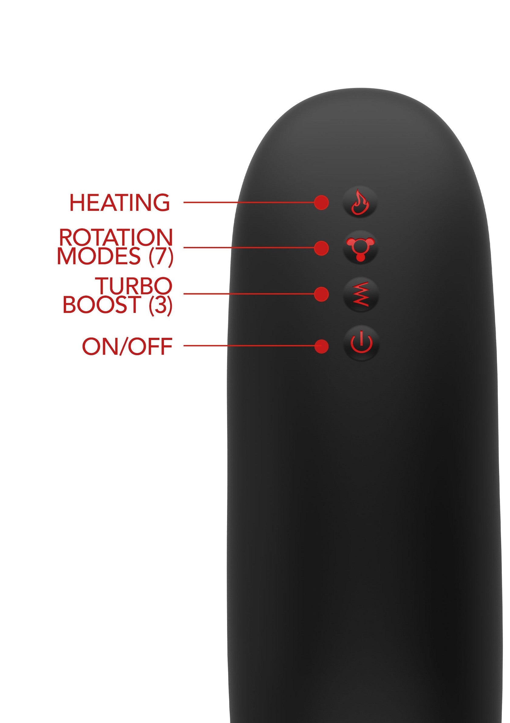 Vibromasseur noir avec chauffage, modes de rotation, turbo et bouton marche/arrêt.; Zwarte vibrator met verwarming, rotatiemodi, turboboost en aan/uit-knop.; Black vibrator featuring heating, rotation modes, turbo boost and on/off button.