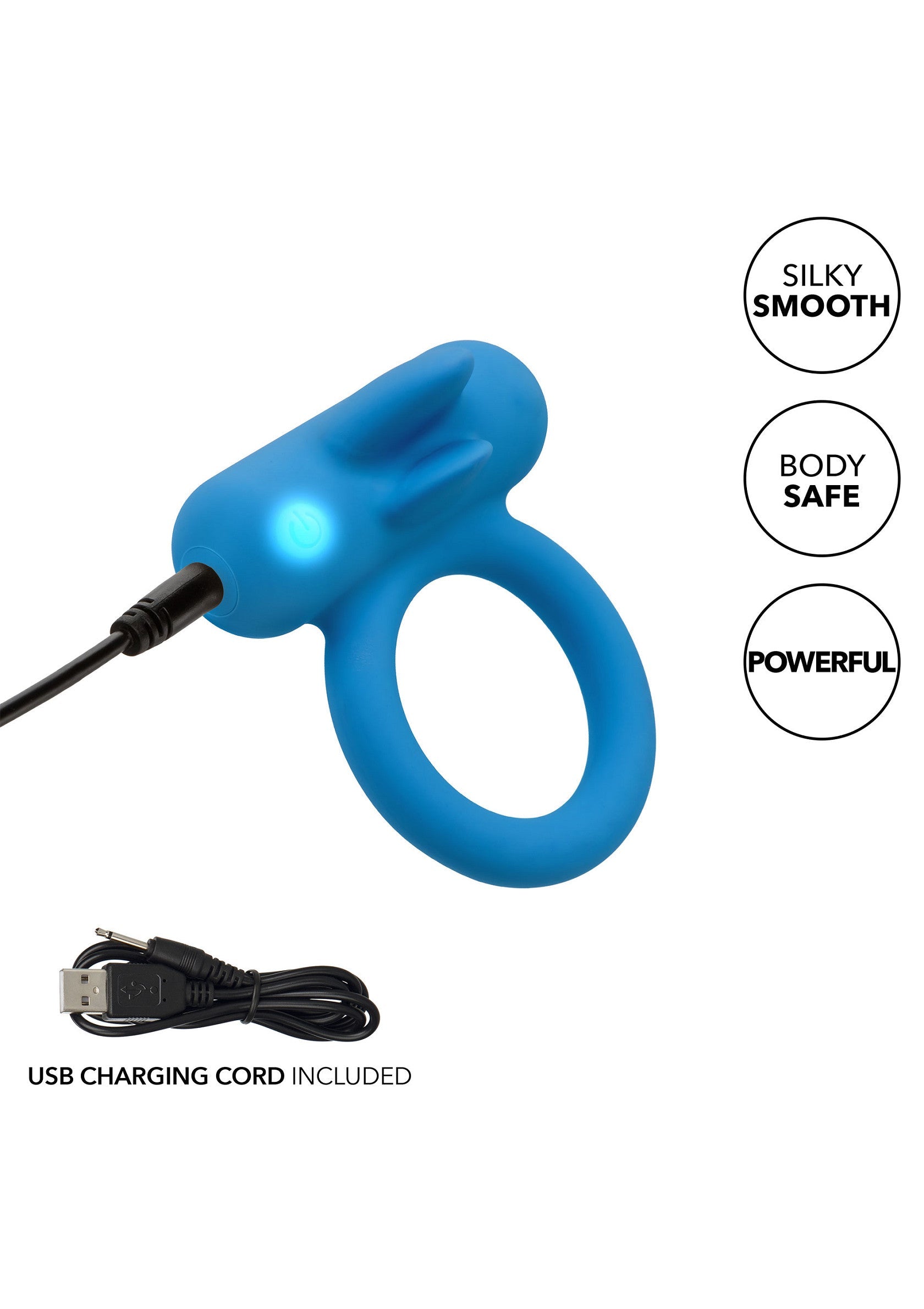 Anneau vibrant bleu rechargeable USB. Silky smooth, sûr pour le corps et puissant! Cordon USB inclus.; Blauwe vibrerende USB oplaadbare ring. Zijdezacht, veilig voor het lichaam en krachtig! USB-kabel inbegrepen.; Blue vibrating USB rechargeable ring. Silky smooth, body-safe, and powerful! USB charging cord included.