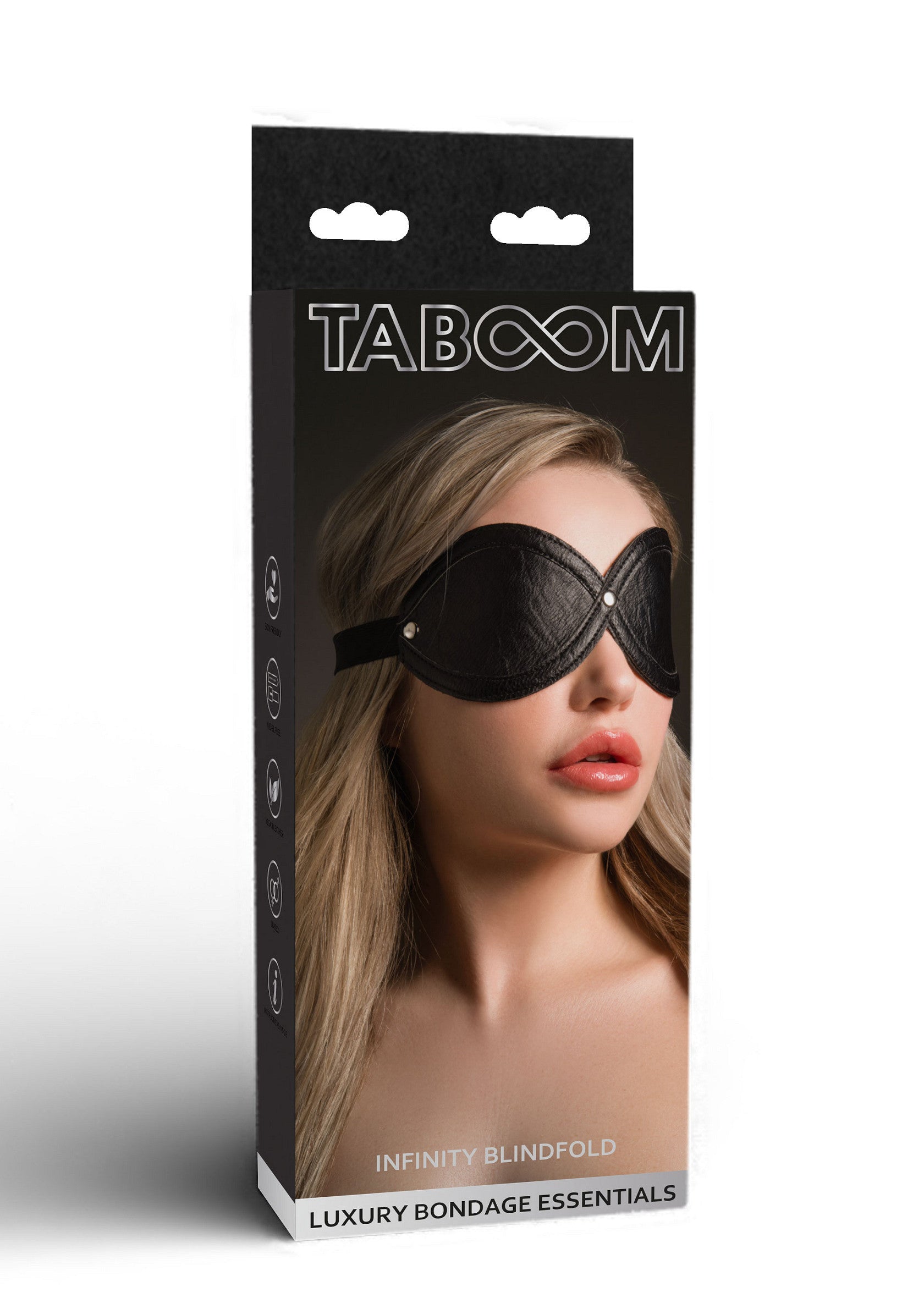 Masque de sommeil Taboom Infinity. Accessoire de luxe pour jeux coquins. Bandage en cuir noir pour une expérience sensuelle.; Taboom Infinity oogmasker. Luxe accessoire voor stout spel. Zwarte leren blinddoek voor een sensuele ervaring.; Taboom Infinity blindfold. Luxury bondage essential. Black leather blindfold for sensual experience.