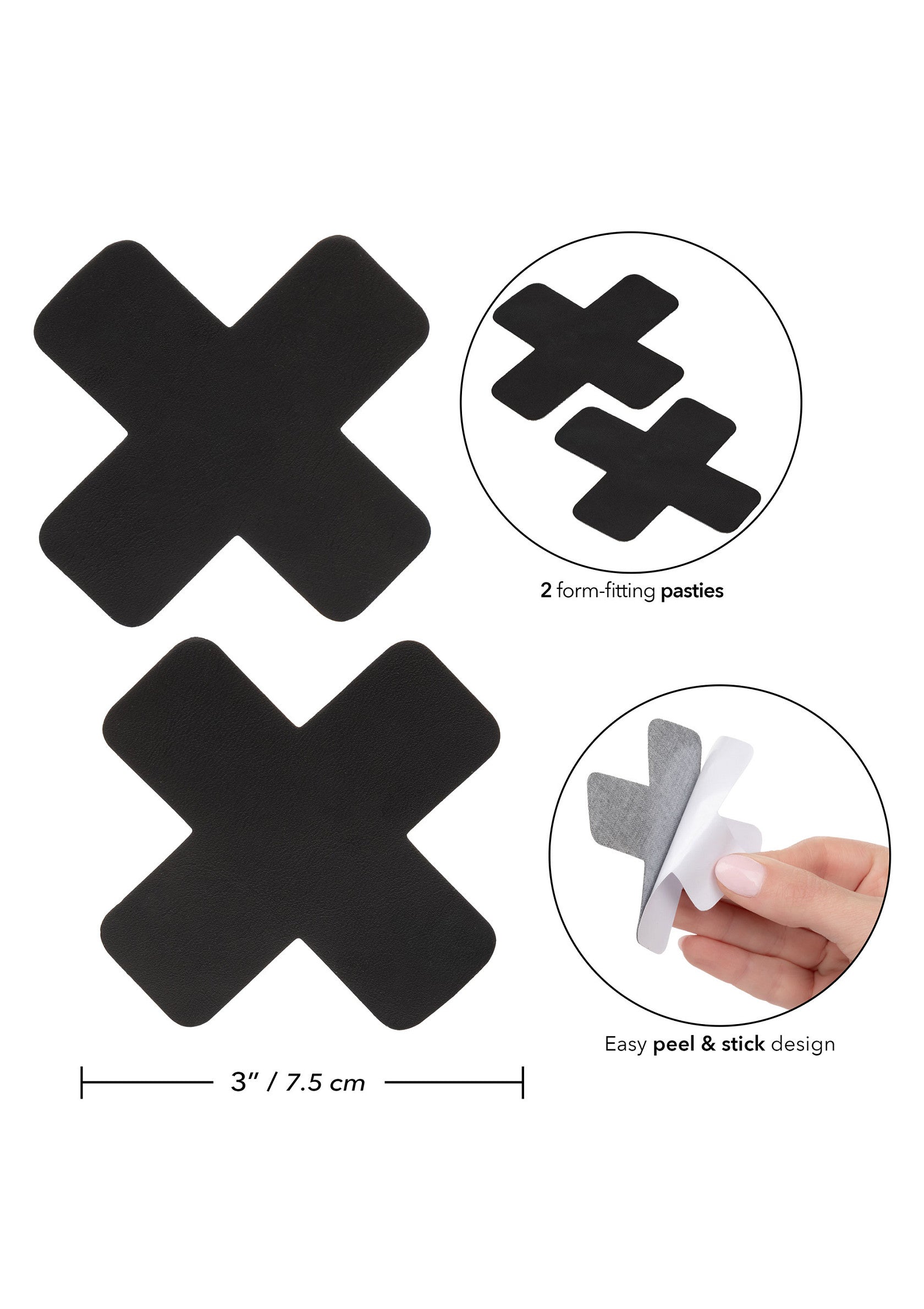 Cache-tétons en forme de croix noire. Pâtés autocollants faciles à appliquer, 7,5 cm.; Zwarte kruisvormige tepelbedekkers. Gemakkelijk aan te brengen zelfklevende pasties, 7,5 cm.; Black cross-shaped nipple covers. Easy peel and stick pasties, 7.5 cm/3 in.