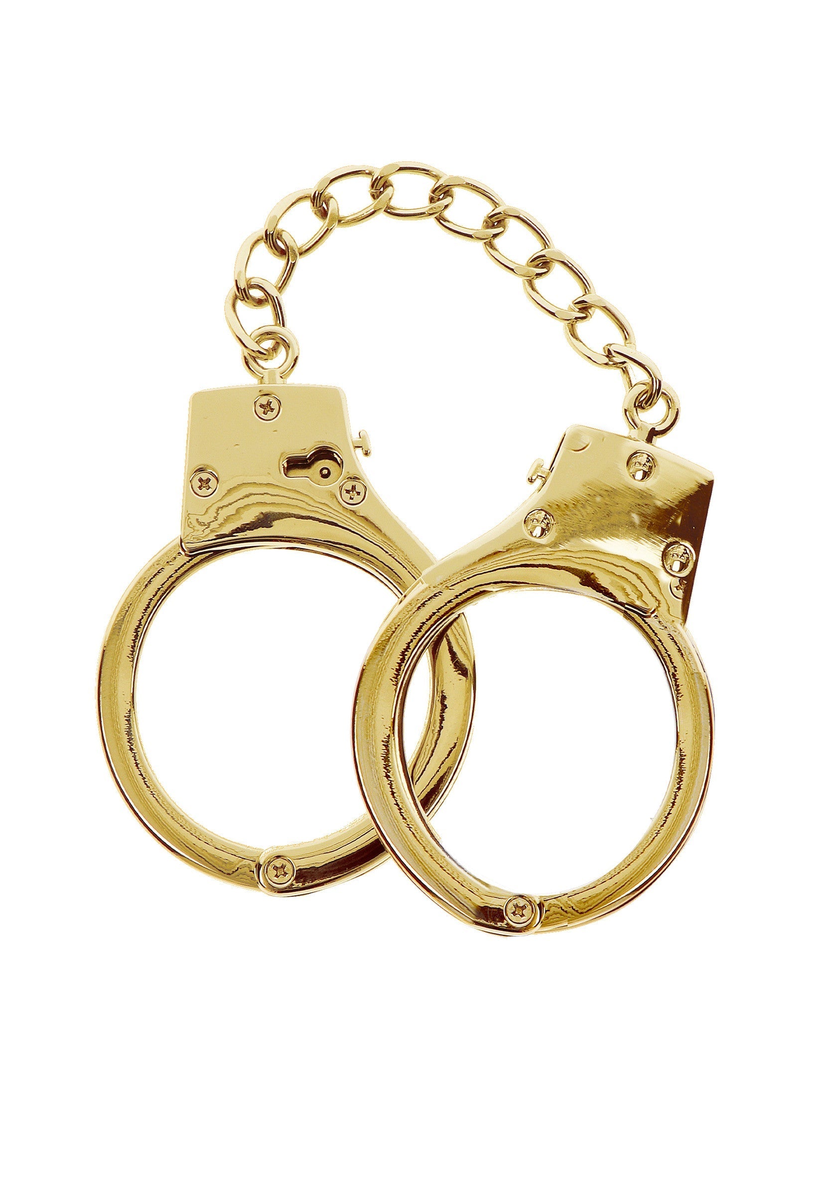 Menottes dorées : accessoire de déguisement idéal pour une soirée à thème ou un événement festif.; Gouden handboeien: perfect kostuumaccessoire voor een themafeest of evenement.; Gold handcuffs: the perfect costume accessory for a themed party or event.