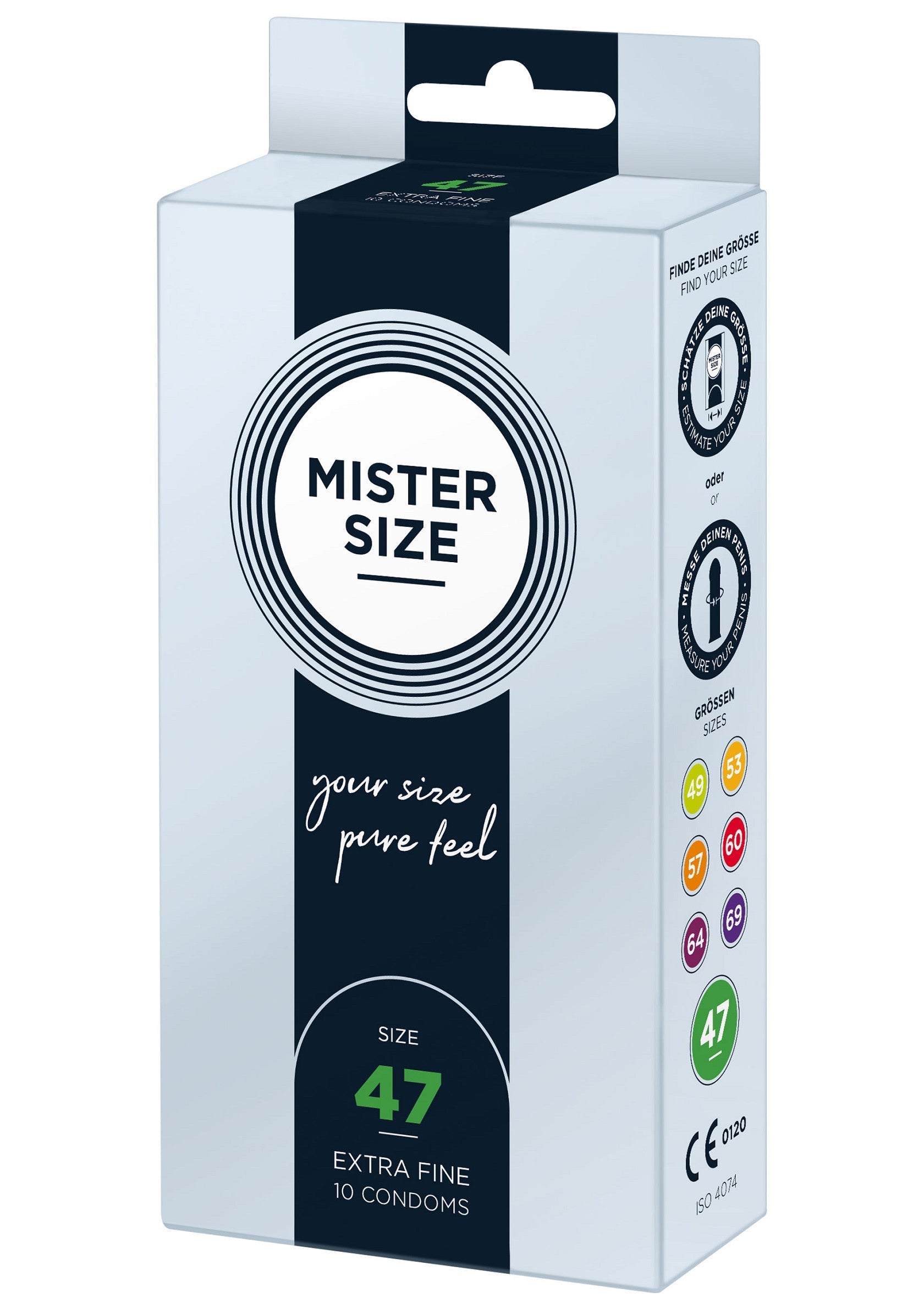 Préservatifs Mister Size taille 47 pour un confort et une protection optimale. Trouvez votre taille idéale! ; Mister Size condooms maat 47 voor comfort en bescherming. Vind jouw perfecte maat voor de beste ervaring!; Mister Size condoms, size 47. For comfort and protection, find your perfect fit. Extra fine.
