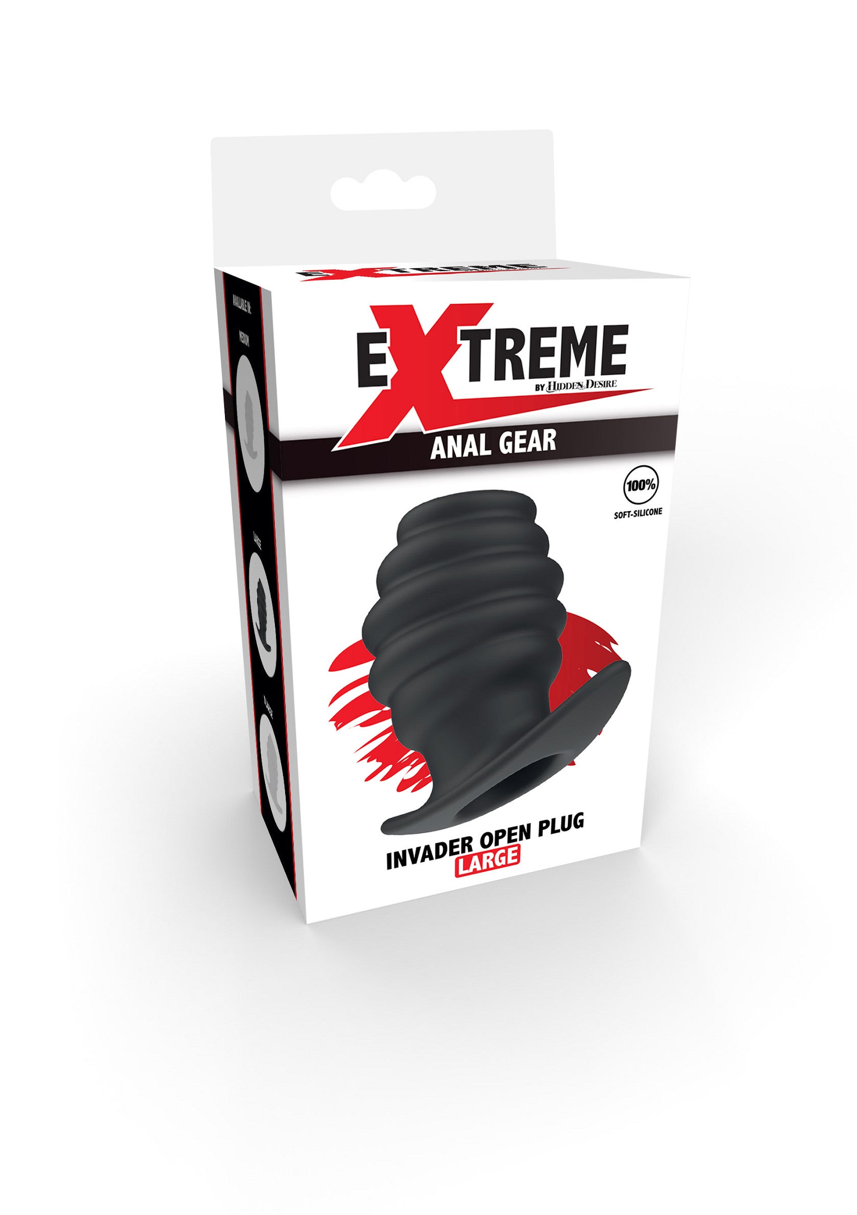 Extreme Anal Gear Invader Open Plug Large: Plug anal noir avec des spires, parfait pour les explorations anales intenses et confortables.; Extreme Anal Gear Invader Open Plug Large: Zwarte anale plug met ribbels, perfect voor intense en comfortabele anale exploraties.; Extreme Anal Gear Invader Open Plug Large: Black anal plug with ribbed texture, perfect for intense and comfortable anal explorations.