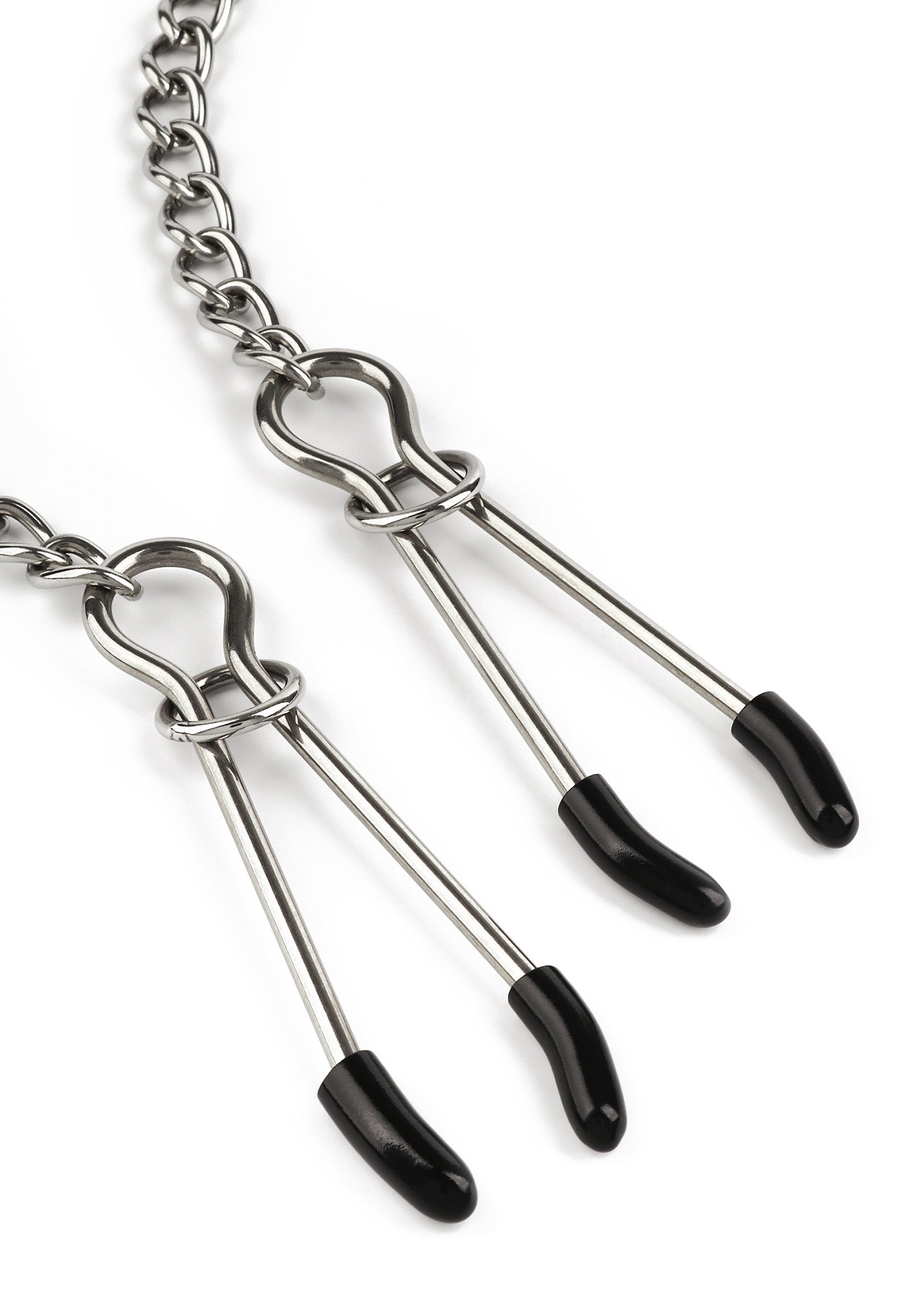 Pinces à tétons avec chaîne pour des sensations intenses et ludiques. Explorez le plaisir !; Tepelklemmen met ketting voor intense en speelse sensaties. Ontdek het plezier!; Nipple clamps with chain for intense, playful sensations. Explore pleasure!