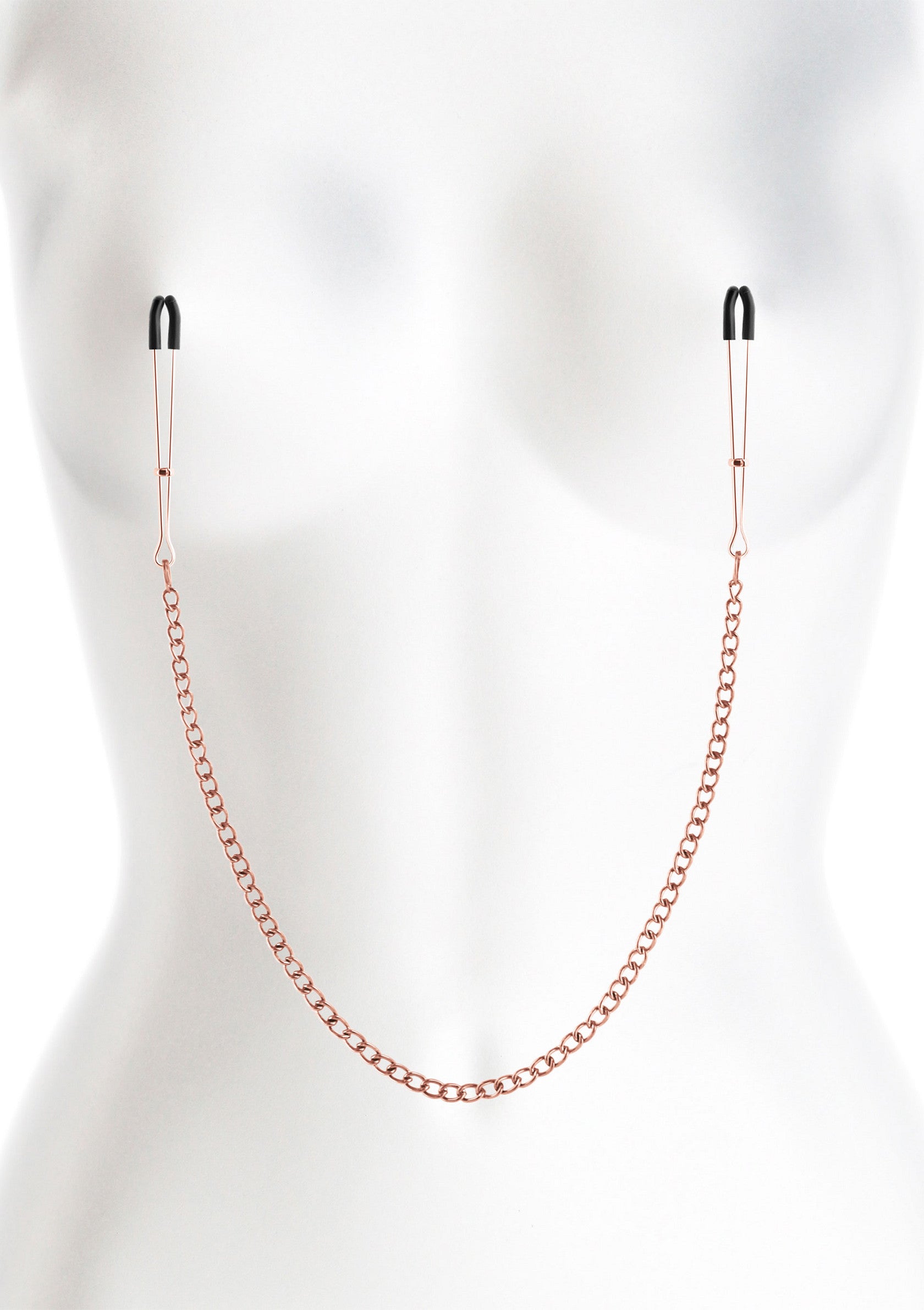 Pince-tétons avec chaîne rose doré pour un plaisir sensuel et élégant. Accessoire érotique pour pimenter votre vie amoureuse.; Tepelklemmen met roségouden ketting voor sensueel en elegant genot. Erotische accessoire om je liefdesleven op te fleuren.; Nipple clamps with rose gold chain for sensual, elegant fun. An erotic accessory to spice up your love life.