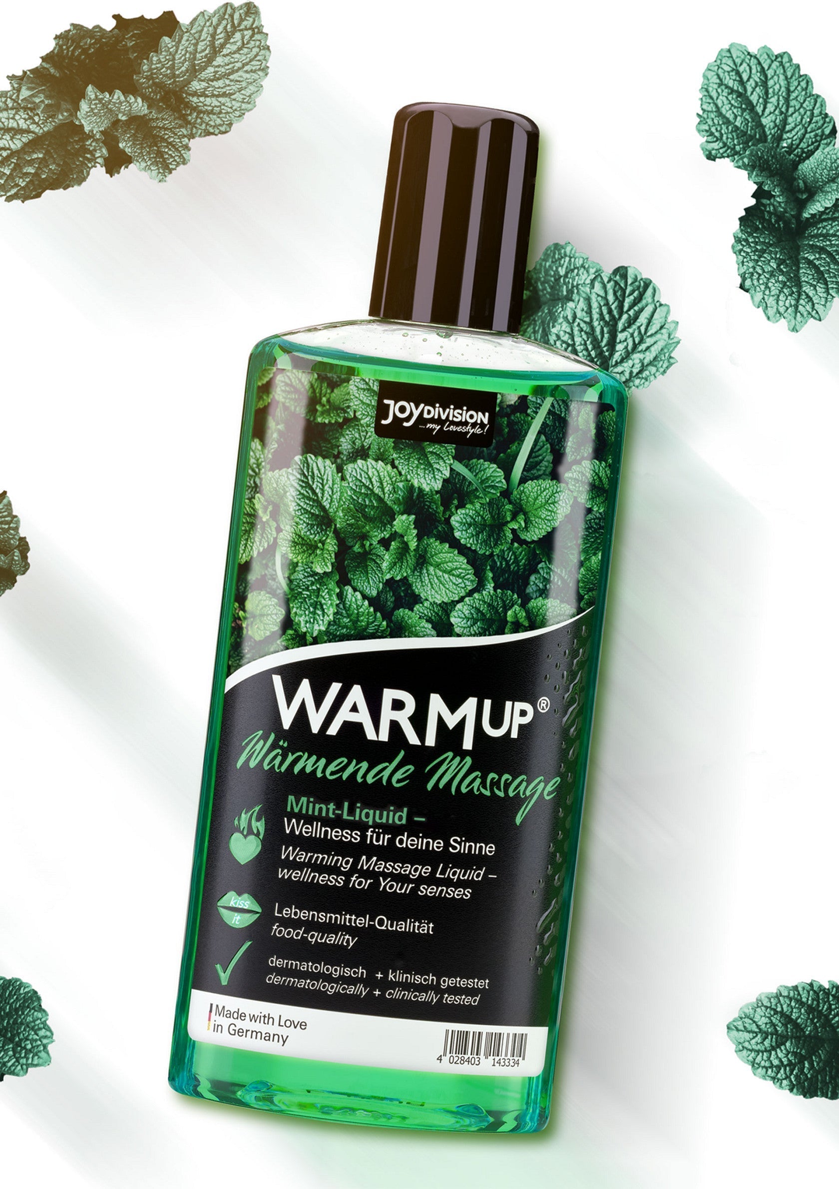 Huile de massage chauffante à la menthe JoyDivision Warm Up. Détente garantie pour une expérience sensorielle unique.; JoyDivision Warm Up verwarmende massageolie met munt. Gegarandeerde ontspanning voor een unieke zintuiglijke ervaring.; JoyDivision Warm Up warming massage oil with mint. Guaranteed relaxation for a unique sensory experience.