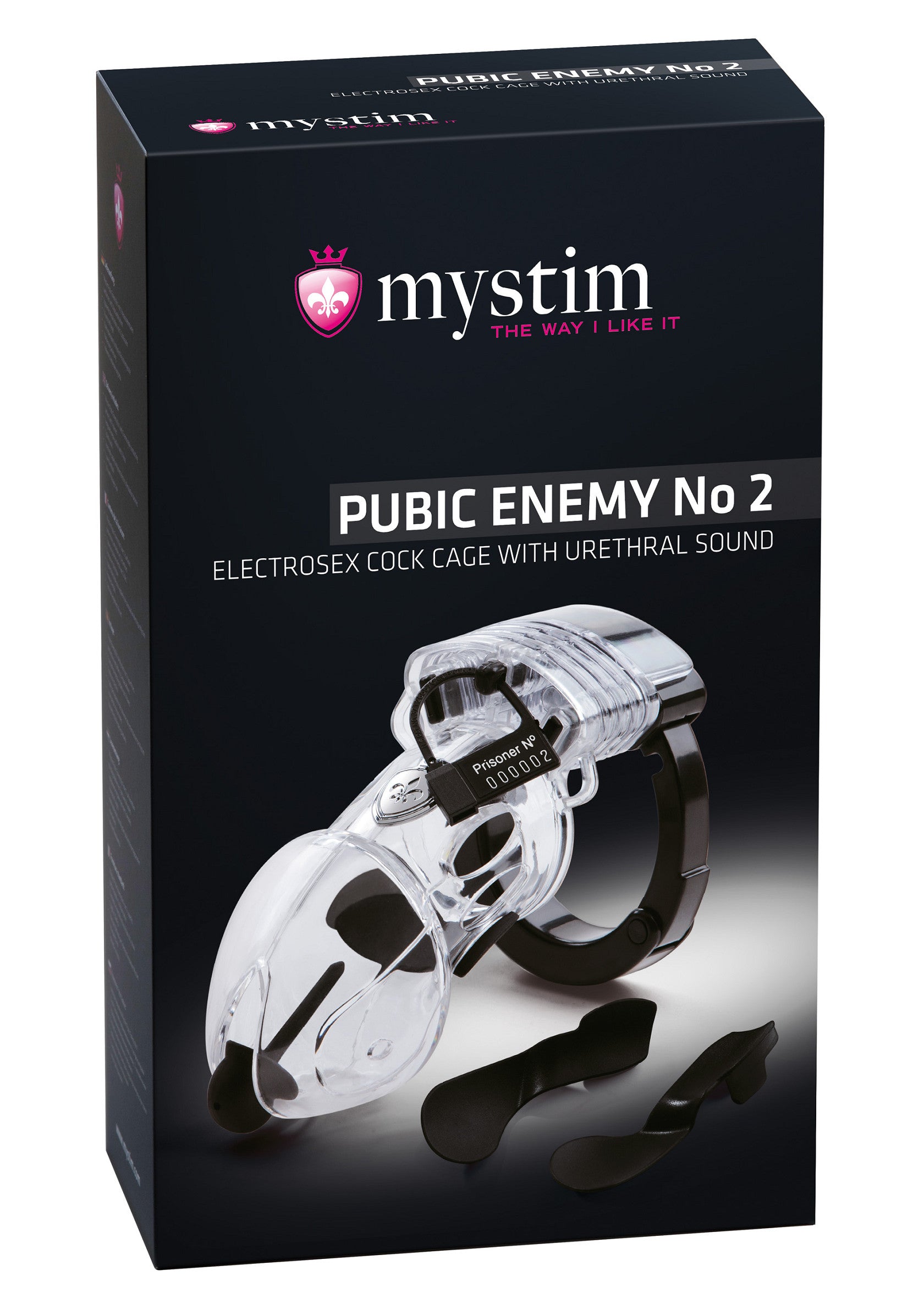 Mystim Pubic Enemy No 2 : cage de chasteté électrosexuelle avec sonde urétrale pour un plaisir intense.; Mystim Pubic Enemy No 2: Electrosex kuisheidskooi met urethraal geluid voor intense opwinding.; Mystim Pubic Enemy No 2: Electrosex chastity cage with urethral sound for intense pleasure.