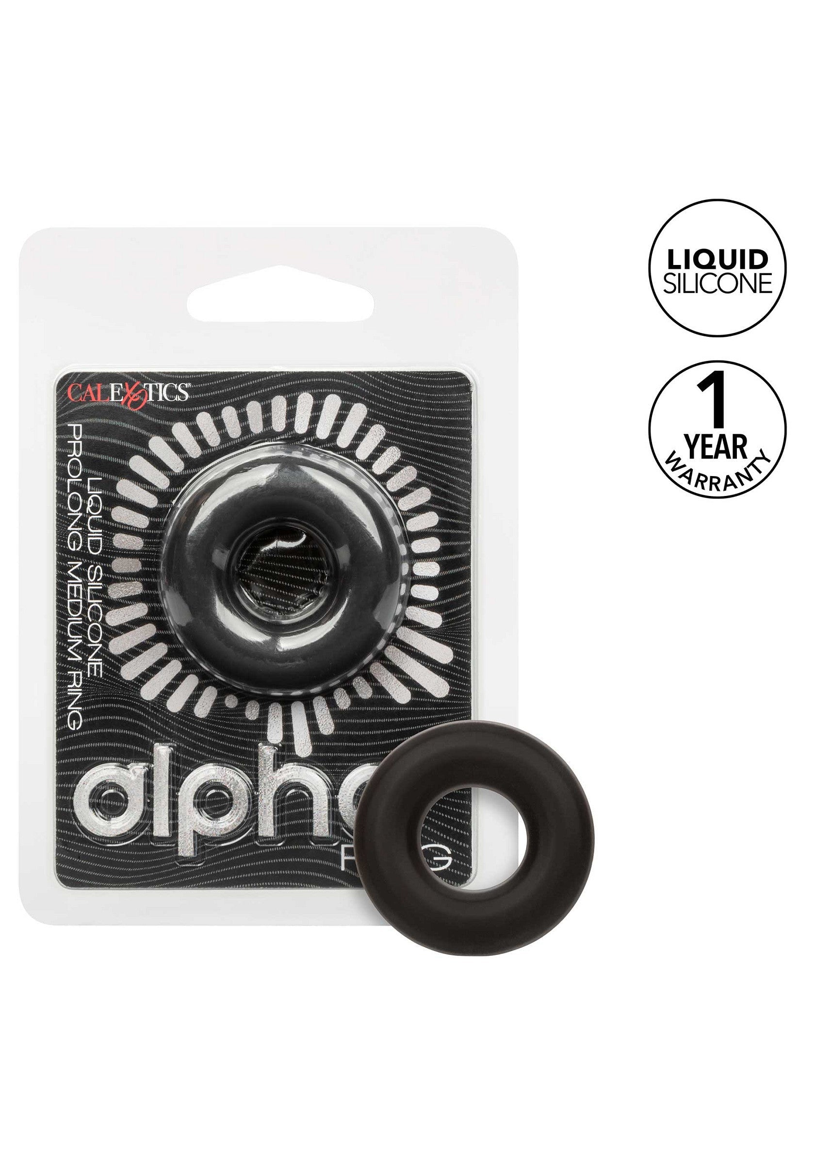 Anneau pénien en silicone liquide Calexotics Alpha prolongant l'érection, taille medium. Garantie 1 an.; Calexotics Alpha penisring van vloeibare siliconen, medium maat. Verlengt de erectie. 1 jaar garantie.; Calexotics Alpha liquid silicone cock ring, medium size. Prolongs erection. 1 year warranty.