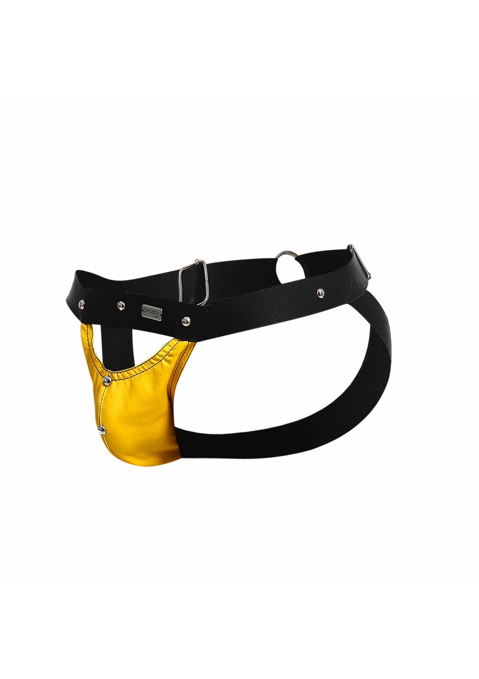 String jaune et noir audacieux pour homme. Un accessoire unique pour pimenter votre vie privée.; Gewaagde gele en zwarte string voor mannen. Een uniek accessoire om je privéleven op te fleuren.; Daring yellow and black men's jockstrap. A unique accessory to spice up your private life.