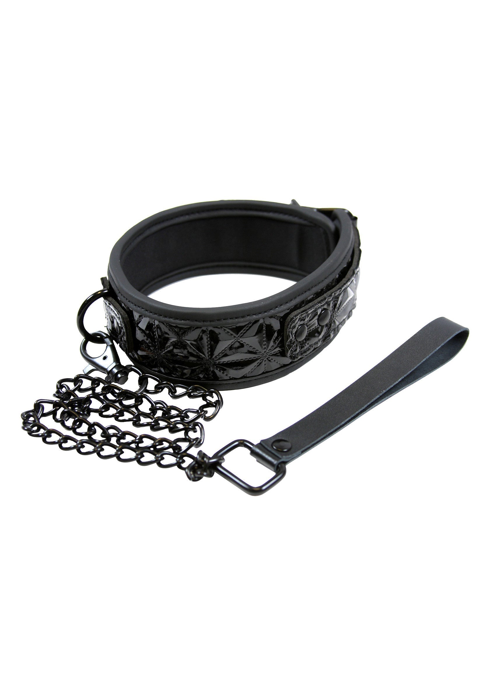 Collier ras du cou noir avec chaîne et laisse pour un look audacieux.; Zwarte choker met ketting en riem voor een gewaagde look.; Black choker collar with chain and leash for a bold look.