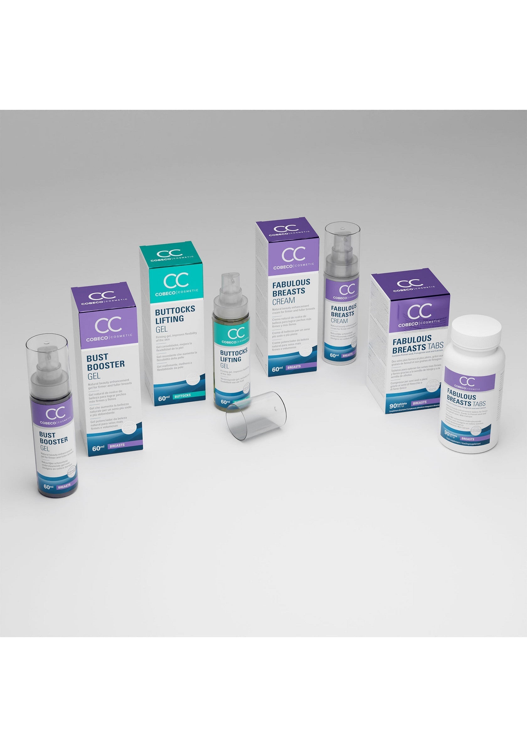 Une gamme de produits de beauté CC Cosmetics pour améliorer la poitrine et les fesses.; Een reeks CC Cosmetics schoonheidsproducten ter verbetering van borst en billen.; A range of CC Cosmetics beauty products for breast and buttock enhancement.