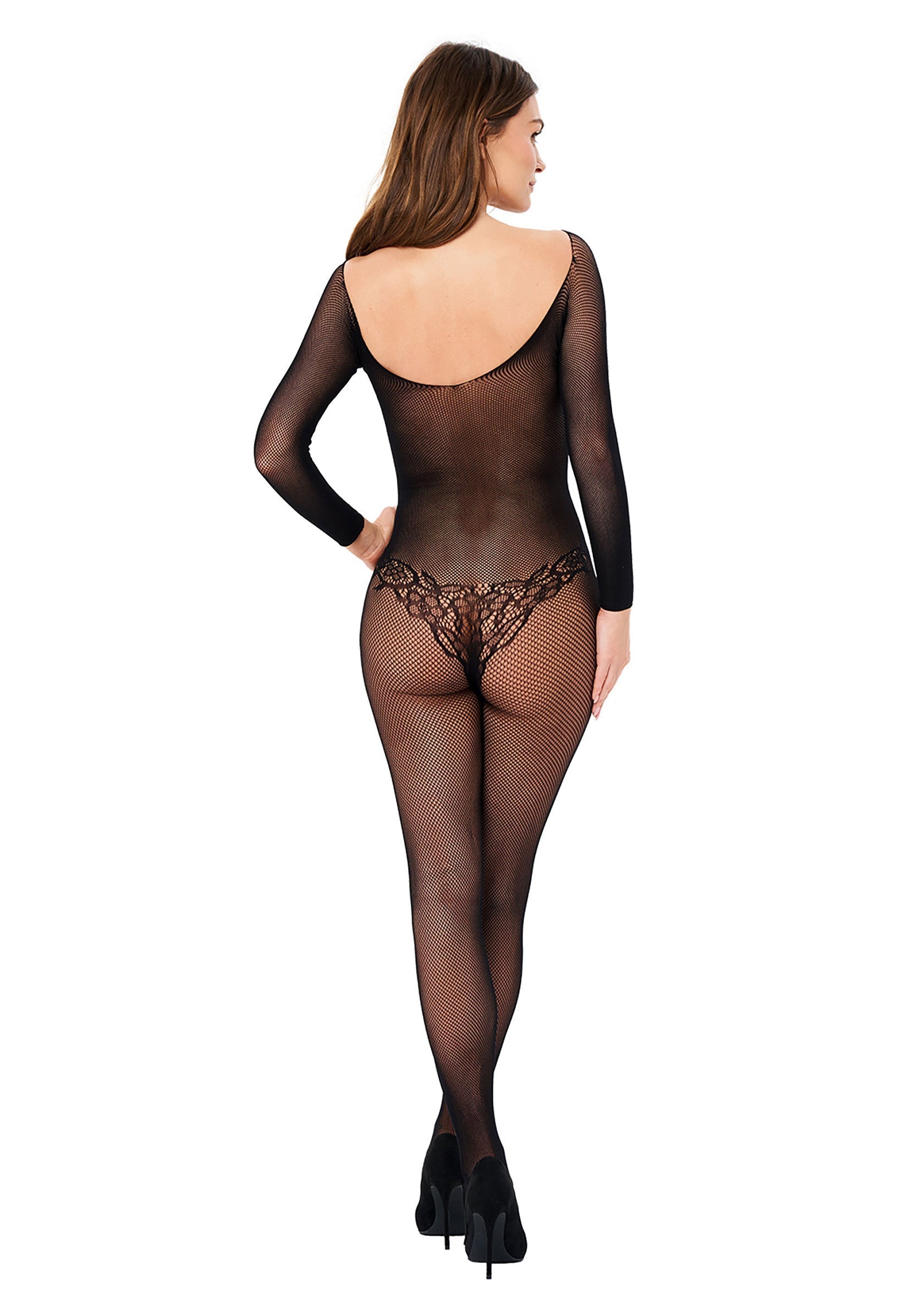 Body en résille noire avec détail en dentelle. Lingerie sexy pour une soirée spéciale.; Zwarte visnet body met kanten detail. Sexy lingerie voor een speciale avond.; Black fishnet body stocking with lace detail. Sexy lingerie for a special night.