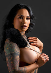 Femme tatouée avec plumeau. Accessoires séduisants pour le nettoyage coquins.; Getatoeëerde vrouw met plumeau. Verleidelijke accessoires voor ondeugende schoonmaak.; Tattooed woman with feather duster. Seductive accessories for naughty cleaning.