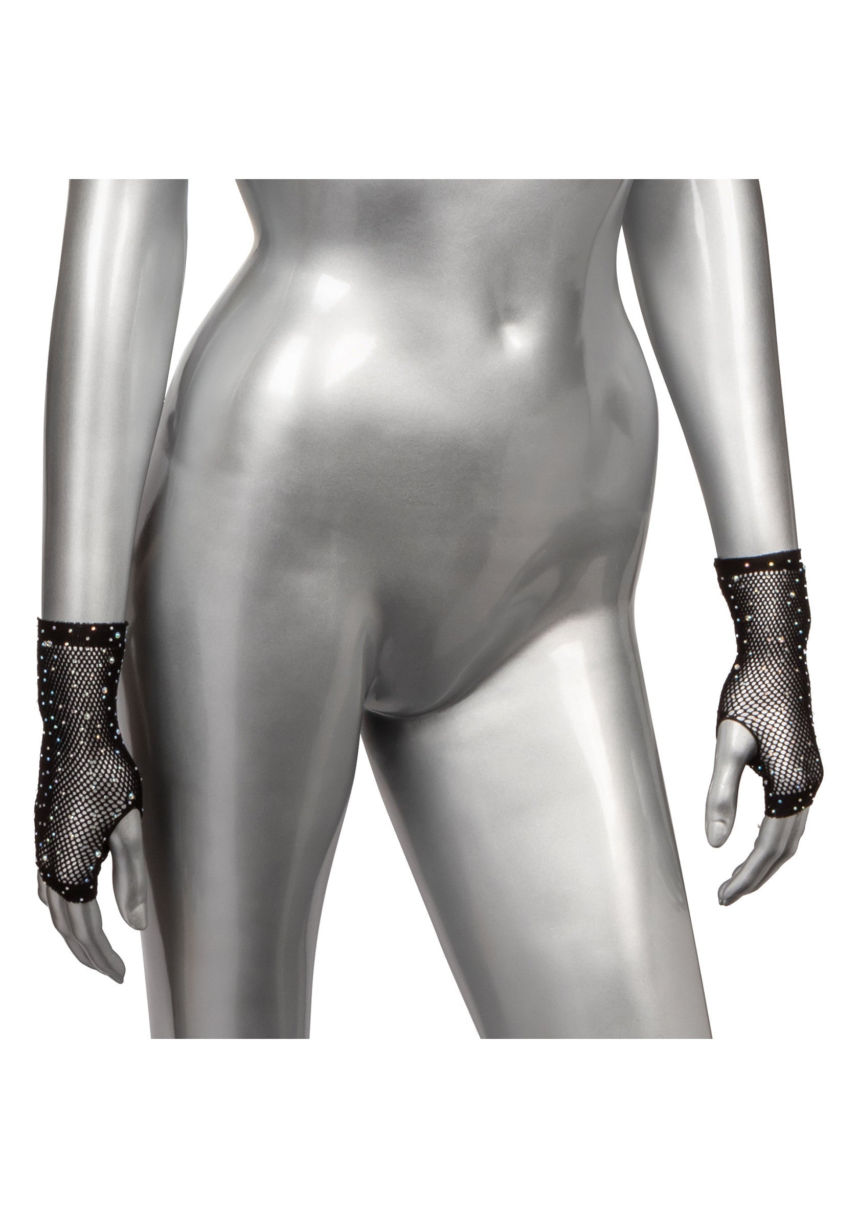 Mitaines résille noires ornées de strass, parfaites pour compléter votre tenue de soirée.; Zwarte visnet handschoenen met strass, perfect om je avondlook compleet te maken.; Black fishnet gloves with rhinestones, perfect to complete your evening look.