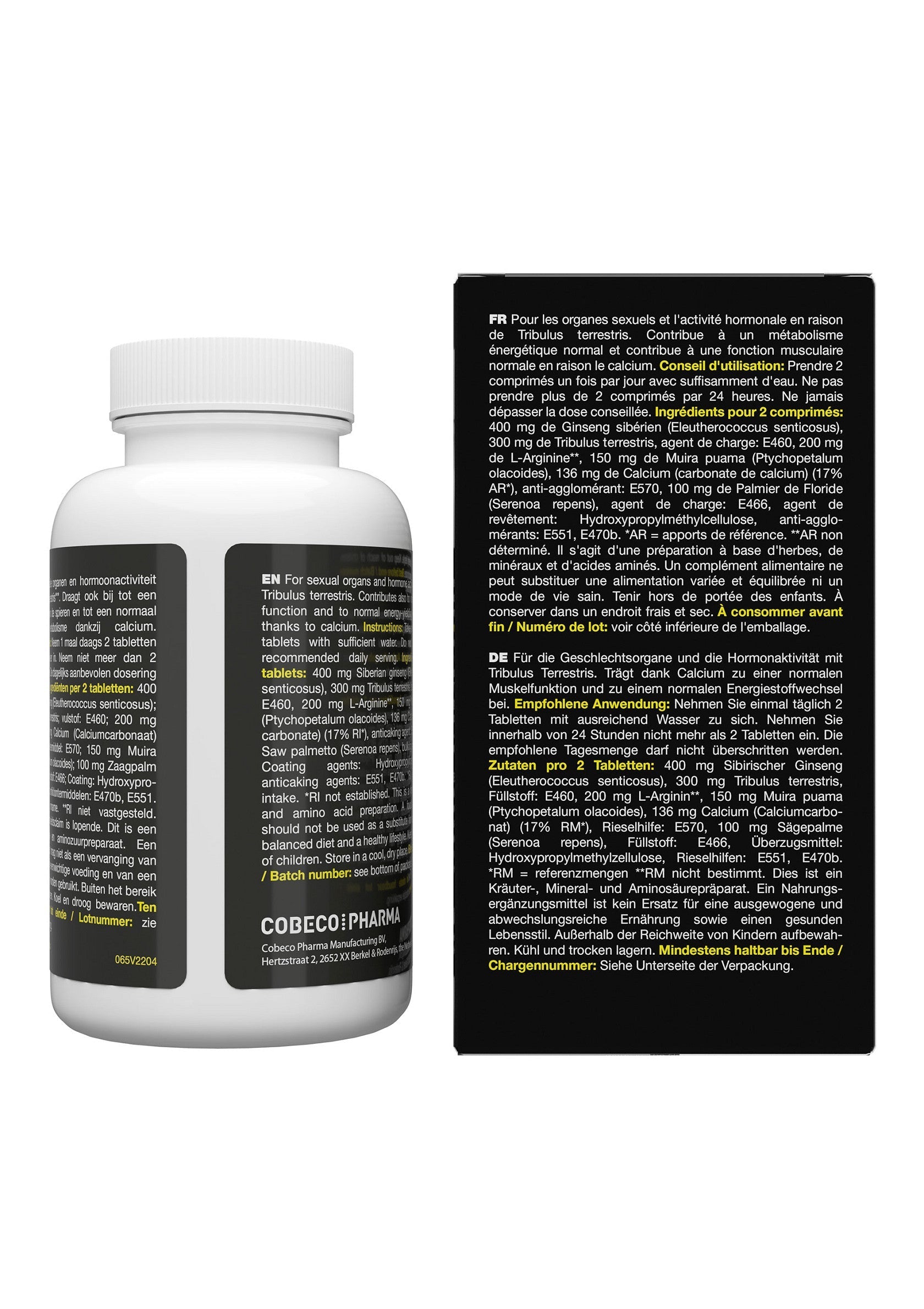 Compléments alimentaires pour hommes. Tribulus, ginseng, arginine, calcium. Vitalité et énergie. Codeco Pharma. Pilules pour la performance.; Voedingssupplementen voor mannen. Tribulus, ginseng, arginine, calcium. Vitaliteit en energie. Codeco Pharma. Pillen voor prestaties.; Men's dietary supplements. Tribulus, ginseng, arginine, calcium. Vitality & energy. Codeco Pharma. Pills for performance.