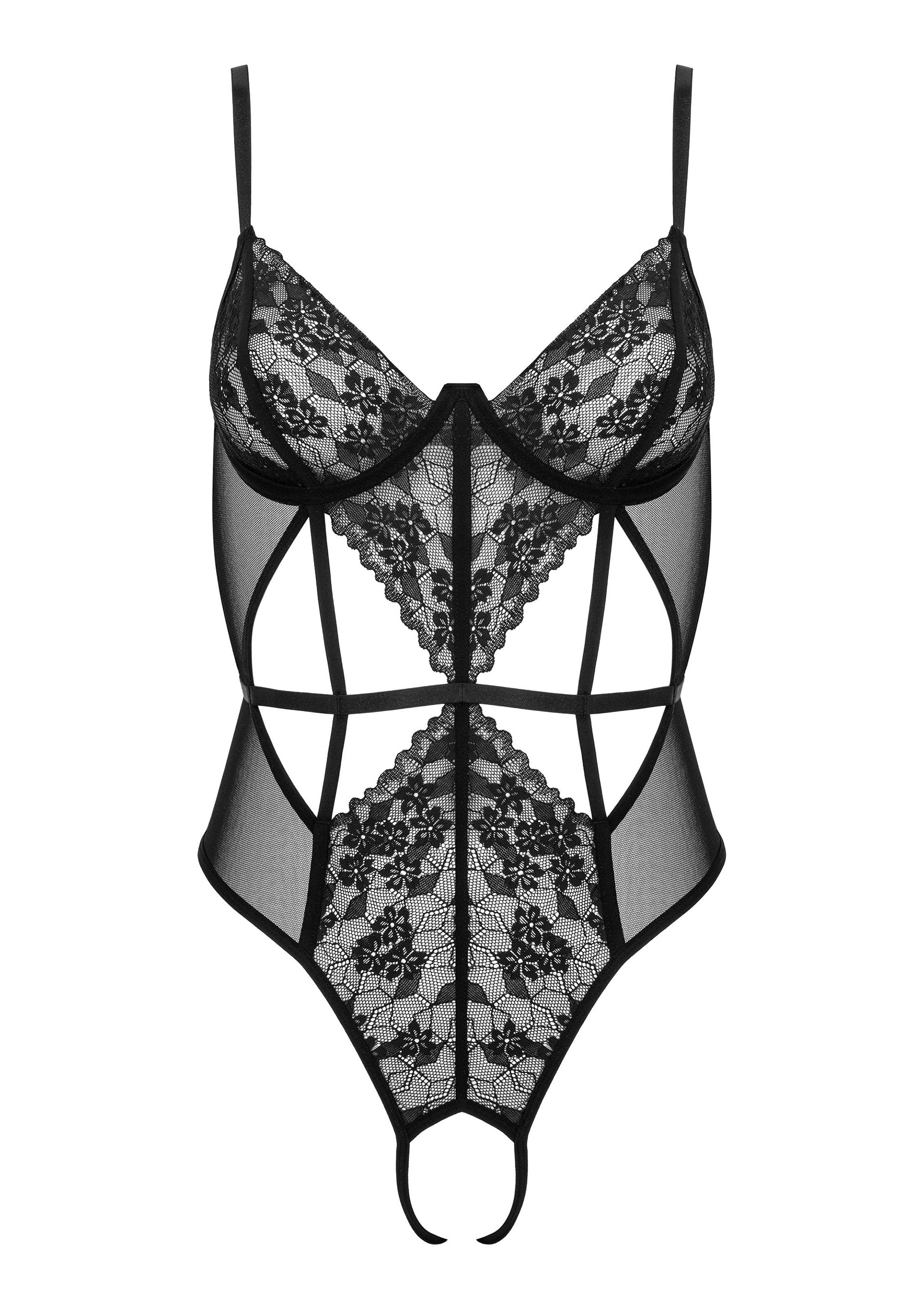 Body noir en dentelle florale et découpes géométriques pour une allure séduisante et élégante. ; Zwarte body met bloemenkant en geometrische uitsparingen voor een verleidelijke en elegante look.; Black floral lace bodysuit with geometric cutouts for a seductive and elegant look.