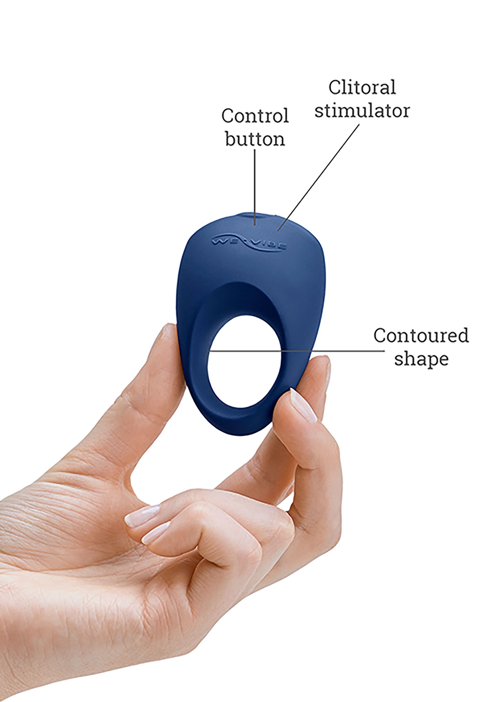 Stimulateur clitoridien We-Vibe Tango X bleu marine tenu à la main pour le plaisir sexuel.; Marineblauwe We-Vibe Tango X clitorisstimulator in de hand voor seksueel plezier.; Navy blue We-Vibe Tango X clitoral stimulator held in hand for sexual pleasure.