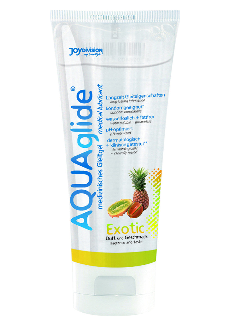 AQUAglyde gel lubrifiant médical exotique pour un plaisir durable et une compatibilité avec les préservatifs.; AQUAglyde exotische medische glijmiddel gel voor langdurig plezier en compatibiliteit met condooms.; AQUAglyde exotic medical lubricant gel for long-lasting pleasure and condom compatibility.