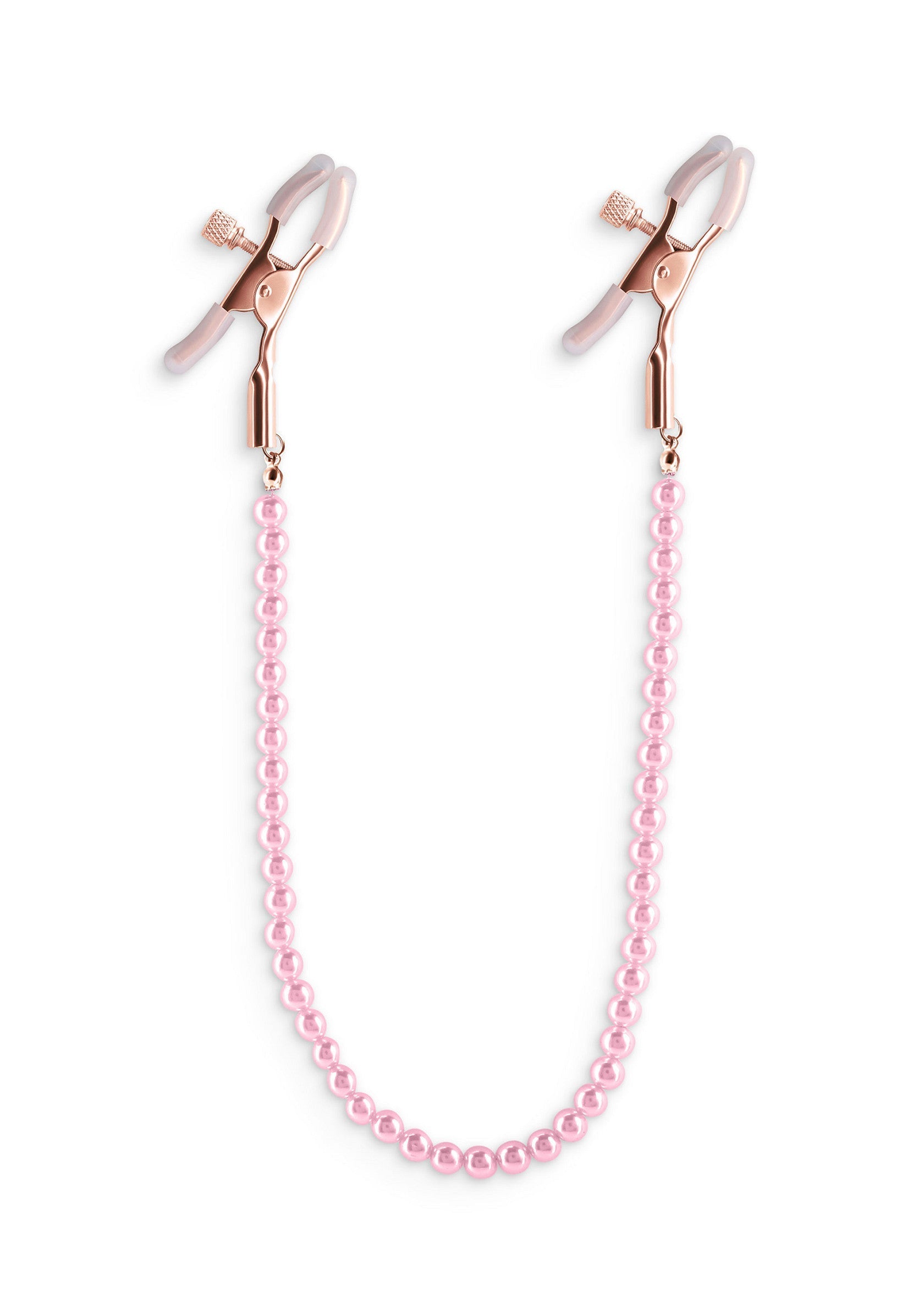 Pinces à tétons roses avec chaîne de perles pour un plaisir coquin et élégant.; Roze tepelklemmen met parelketting voor ondeugend en elegant genot.; Pink nipple clamps with pearl chain for naughty and elegant pleasure.