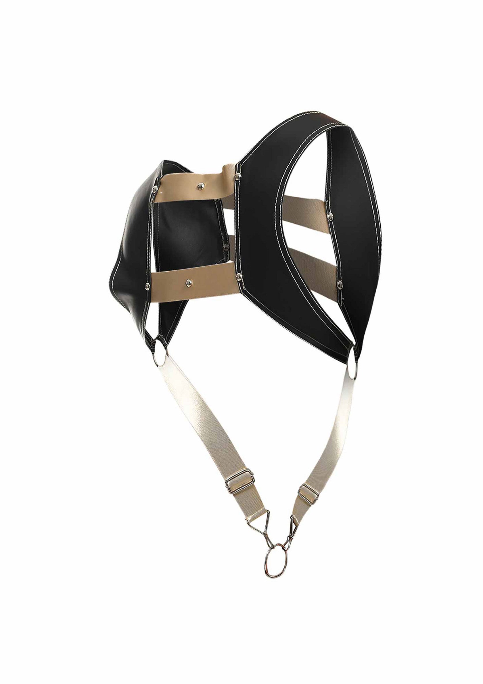 Harnais en cuir noir élégant avec des sangles réglables. Accessoire de mode unique pour un look audacieux.; Stijlvol zwart leren harnas met verstelbare banden. Uniek modeaccessoire voor een gedurfde look.; Stylish black leather harness with adjustable straps. Unique fashion accessory for a bold look.