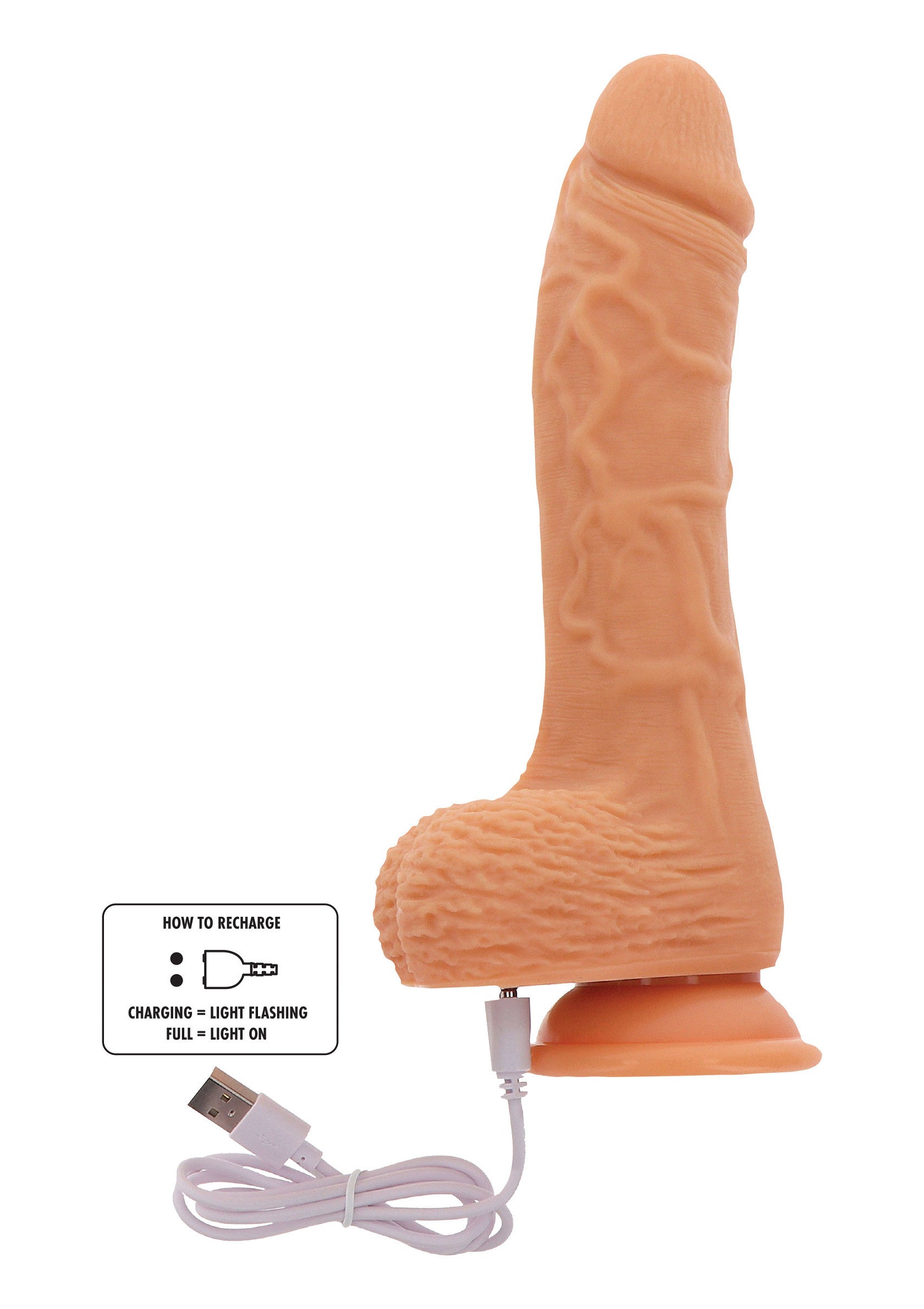 Gode réaliste rechargeable. Texturé pour une sensation accrue. Ventouse pour plus de polyvalence.; Oplaadbare realistische dildo. Gestructureerd voor extra gevoel. Zuignap voor meer veelzijdigheid.; Rechargeable realistic dildo. Textured for increased sensation. Suction cup for added versatility.