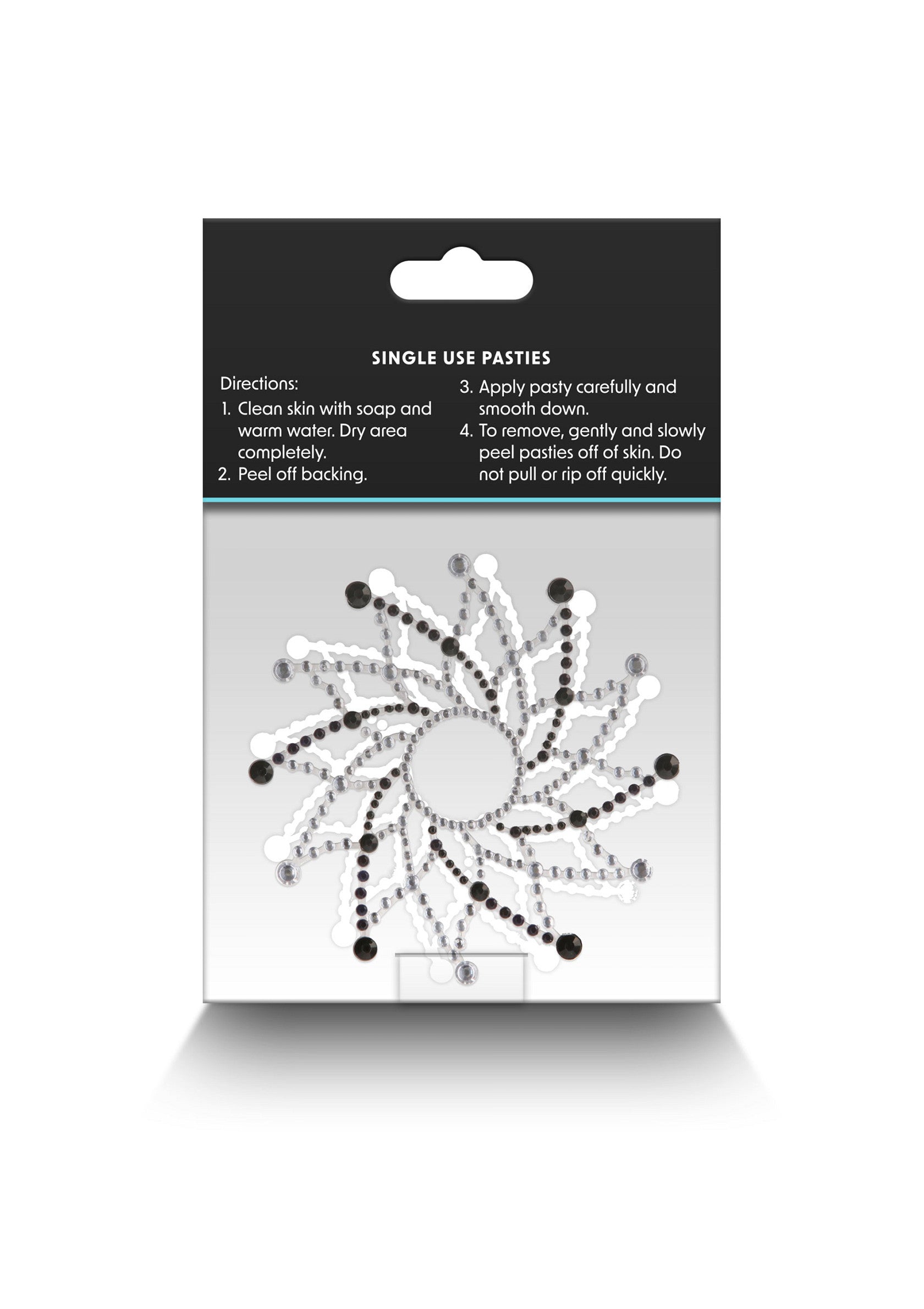 Cache-tétons à usage unique en forme de fleur avec des strass pour un look glamour et discret. Parfait pour les occasions spéciales.; Bloemvormige tepelbedekkers voor eenmalig gebruik met strass steentjes. Perfect voor speciale gelegenheden en onzichtbaar onder kleding.; Single-use flower pasties with rhinestones for a discreet, glamorous look. Perfect for special occasions and invisible under clothing.
