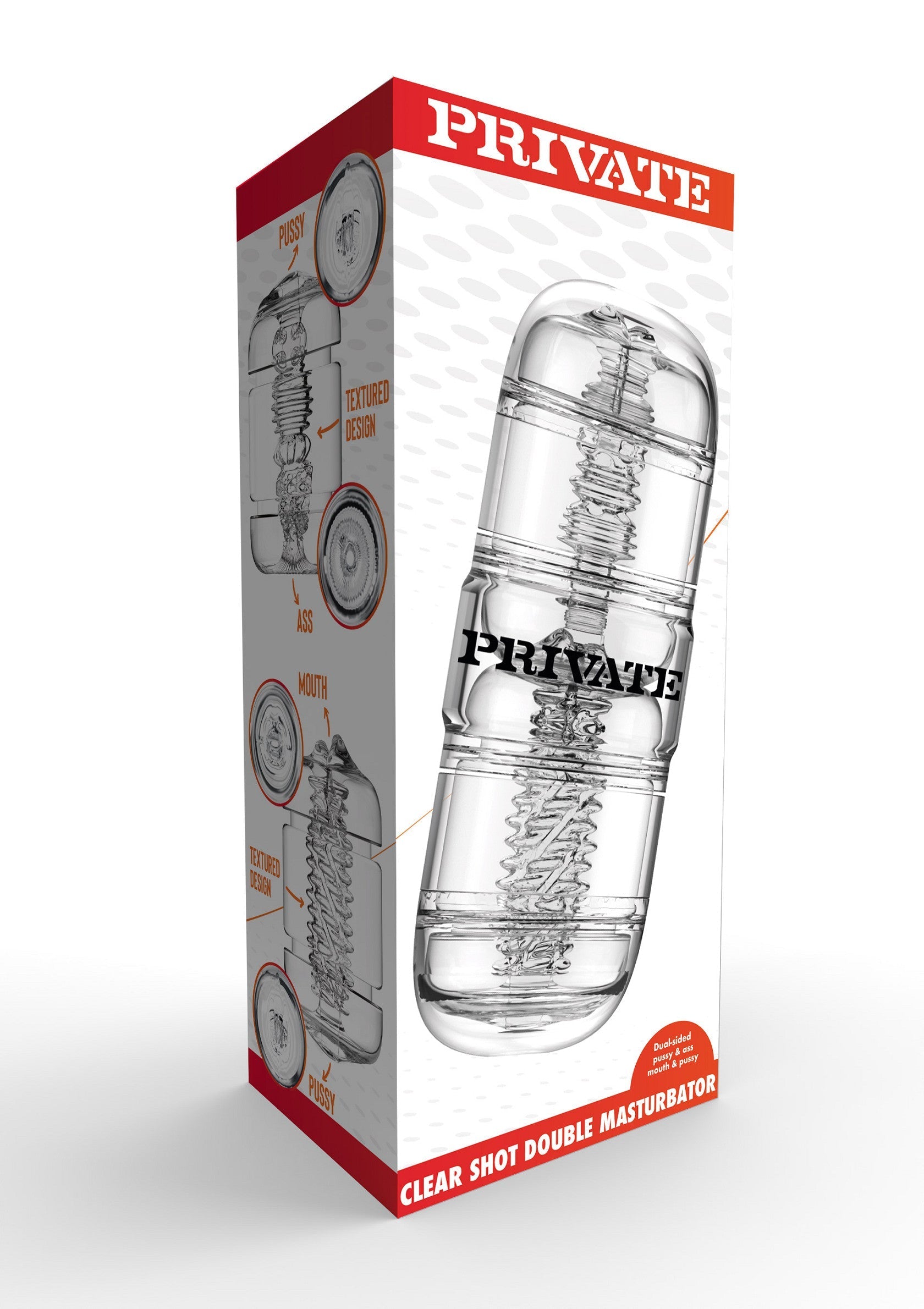 Private Clear Shot Double Masturbator pour le plaisir masculin. Découvrez de nouvelles sensations !; Private Clear Shot Double Masturbator voor mannelijk genot. Ontdek nieuwe sensaties!; Private Clear Shot Double Masturbator for male pleasure. Discover new sensations!