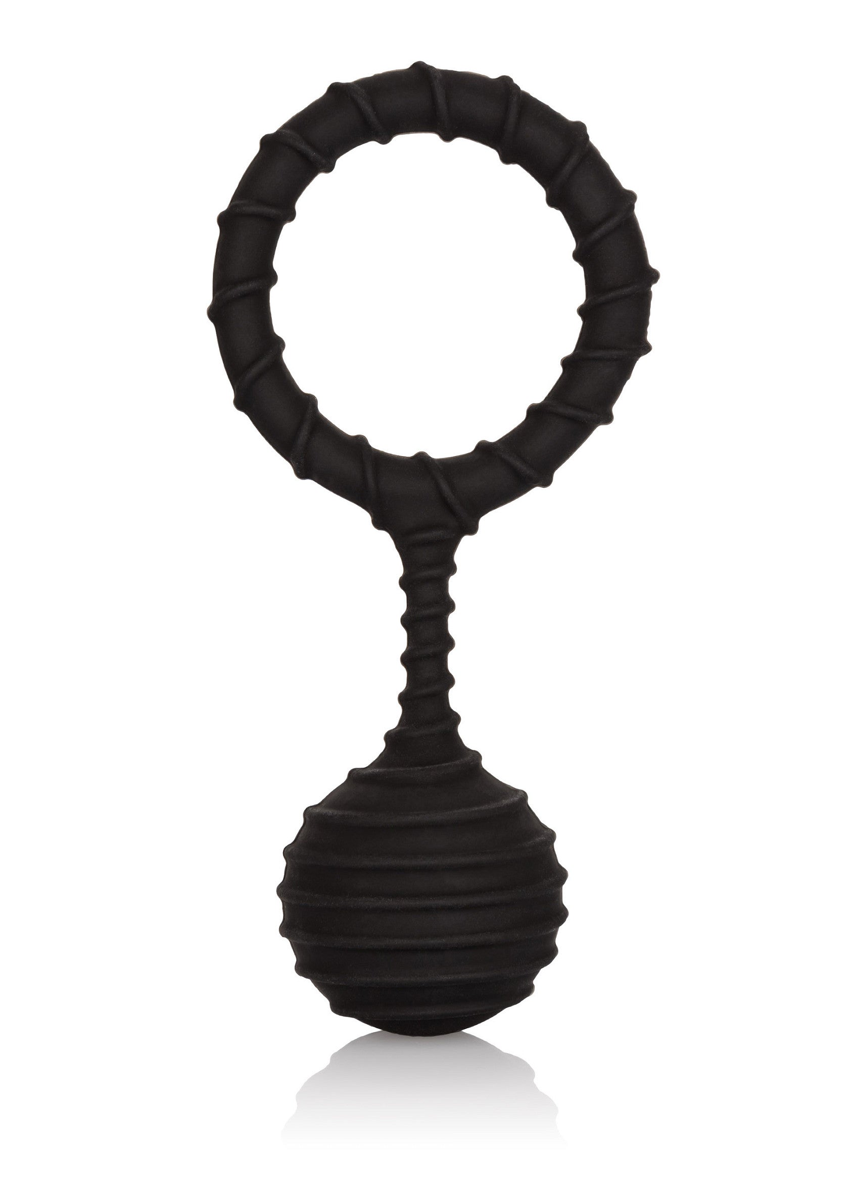 Anneau pénien et poids testiculaire noir texturé pour le plaisir et la stimulation.; Getextureerde zwarte penisring en ballenverzwaarder voor genot en stimulatie.; Textured black cock ring and ball weight for pleasure and stimulation.