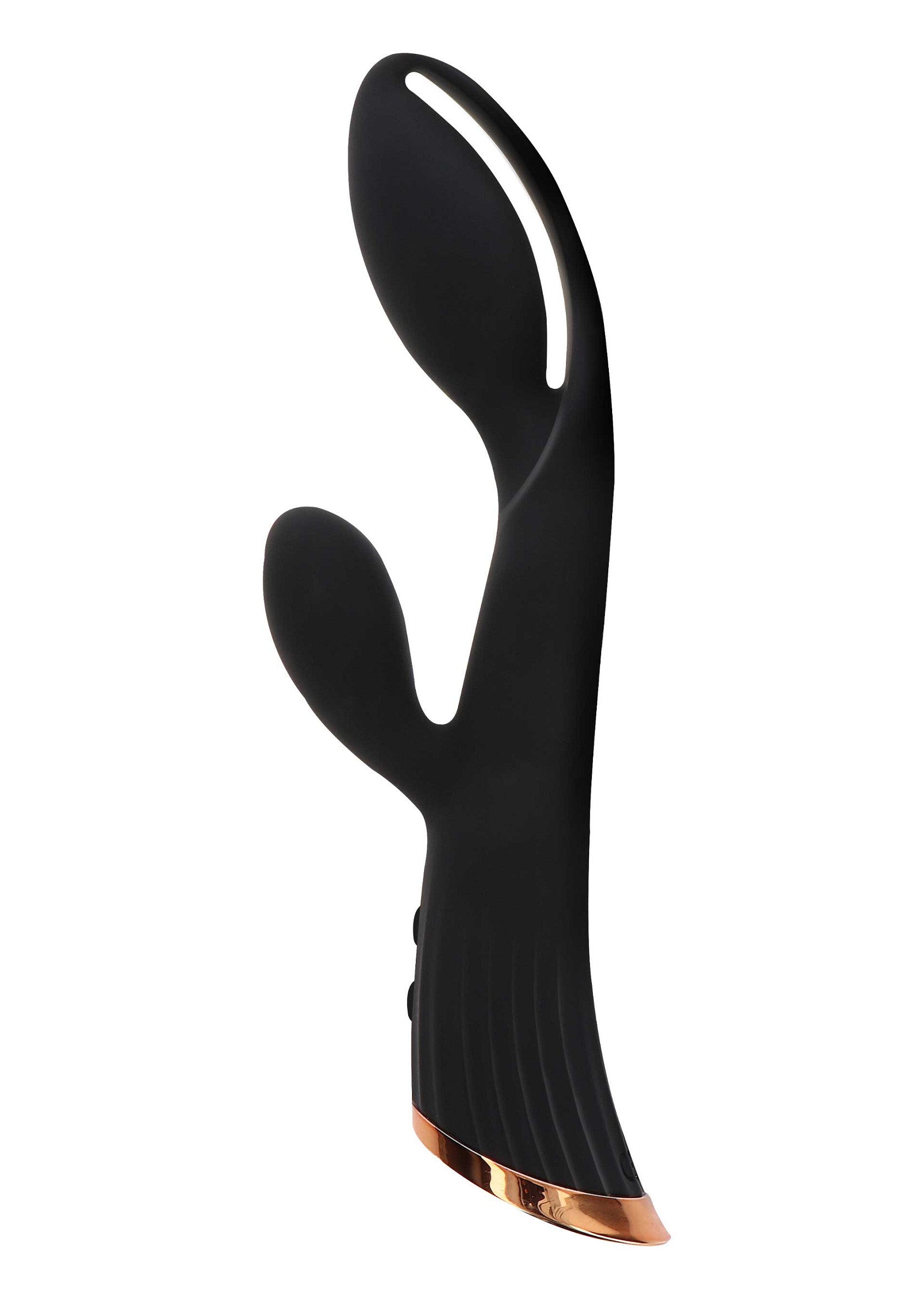 Vibromasseur de luxe noir à double stimulation pour le plaisir intime.; Zwarte luxe dubbele stimulator voor intiem plezier.; Black luxury dual stimulator for intimate pleasure.