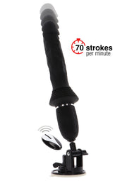 Vibromasseur réaliste noir avec télécommande sans fil et ventouse, 70 coups par minute.; Zwarte realistische vibrator met draadloze afstandsbediening en zuignap, 70 stoten per minuut.; Black realistic dildo vibrator with wireless remote and suction cup base, 70 strokes per minute.