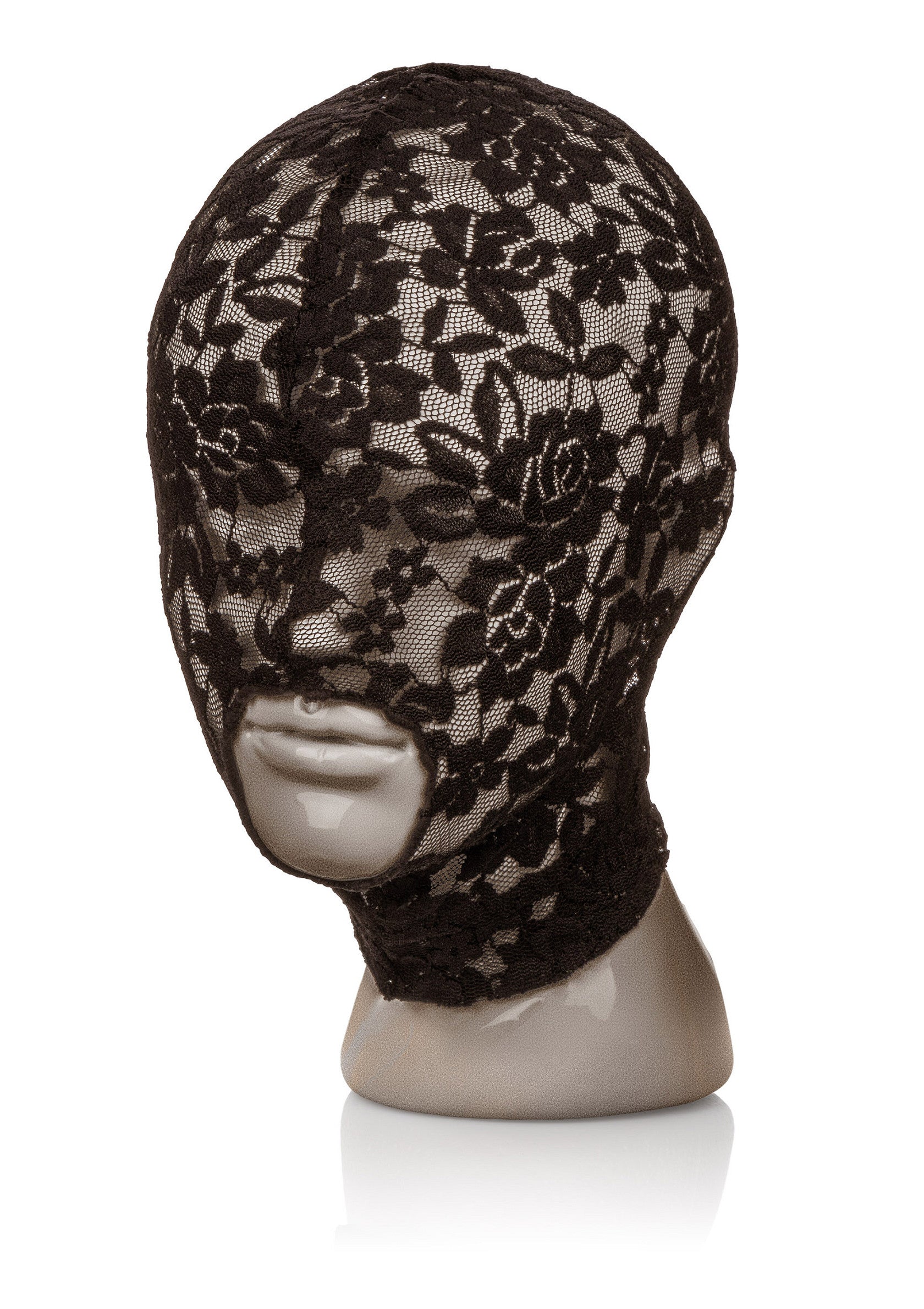 Cagoule en dentelle noire florale. Un accessoire de mode audacieux et sensuel pour pimenter votre look.; Zwarte bloemen kanten bivakmuts. Een gewaagd en sensueel modeaccessoire om je look mee op te fleuren.; Black floral lace balaclava. A bold and sensual fashion accessory to spice up your look.