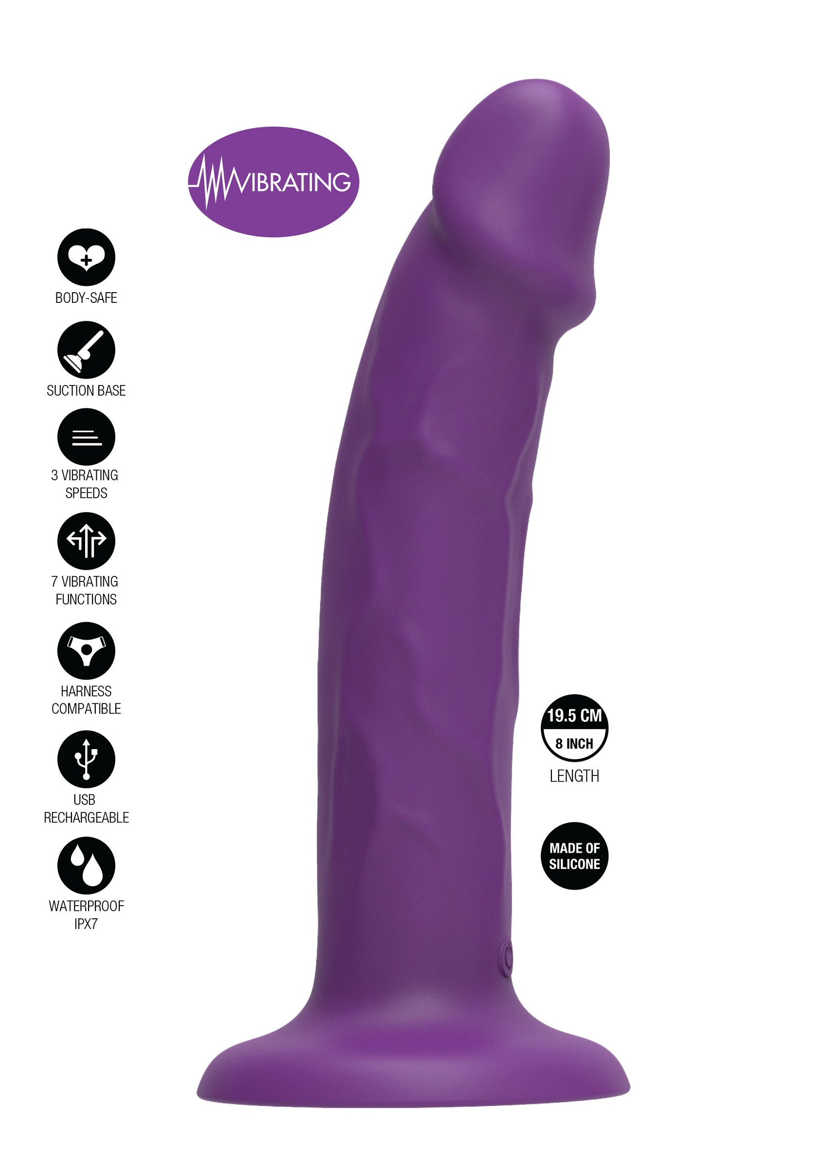 Gode vibrant violet, 19.5 cm, en silicone, avec ventouse et rechargeable par USB pour une utilisation sûre et agréable.; Paarse vibrerende dildo, 19,5 cm, van siliconen, met zuignap en USB-oplaadbaar voor veilig en plezierig gebruik.; Purple vibrating dildo, 19.5 cm, silicone, with suction cup and USB rechargeable for safe and pleasurable use.