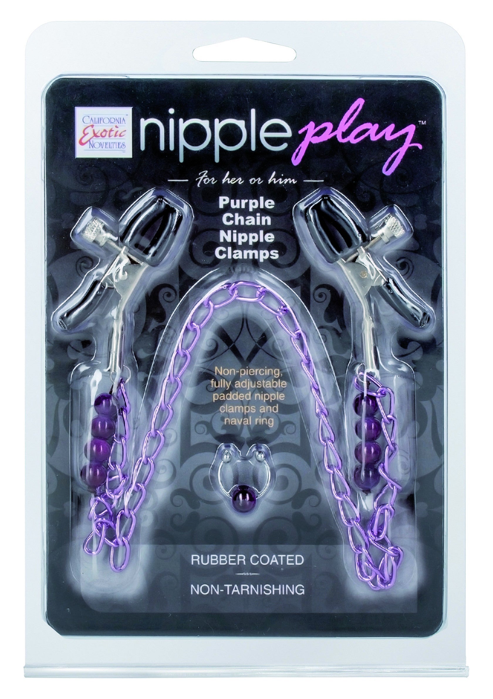 Pinces à tétons avec chaîne violette pour une expérience sensuelle et ludique. Accessoires érotiques pour elle ou lui.; Tepelklemmen met paarse ketting voor een sensuele en speelse ervaring. Erotische accessoires voor hem of haar.; Purple chain nipple clamps for a playful, sensual experience. Erotic accessories for him or her.