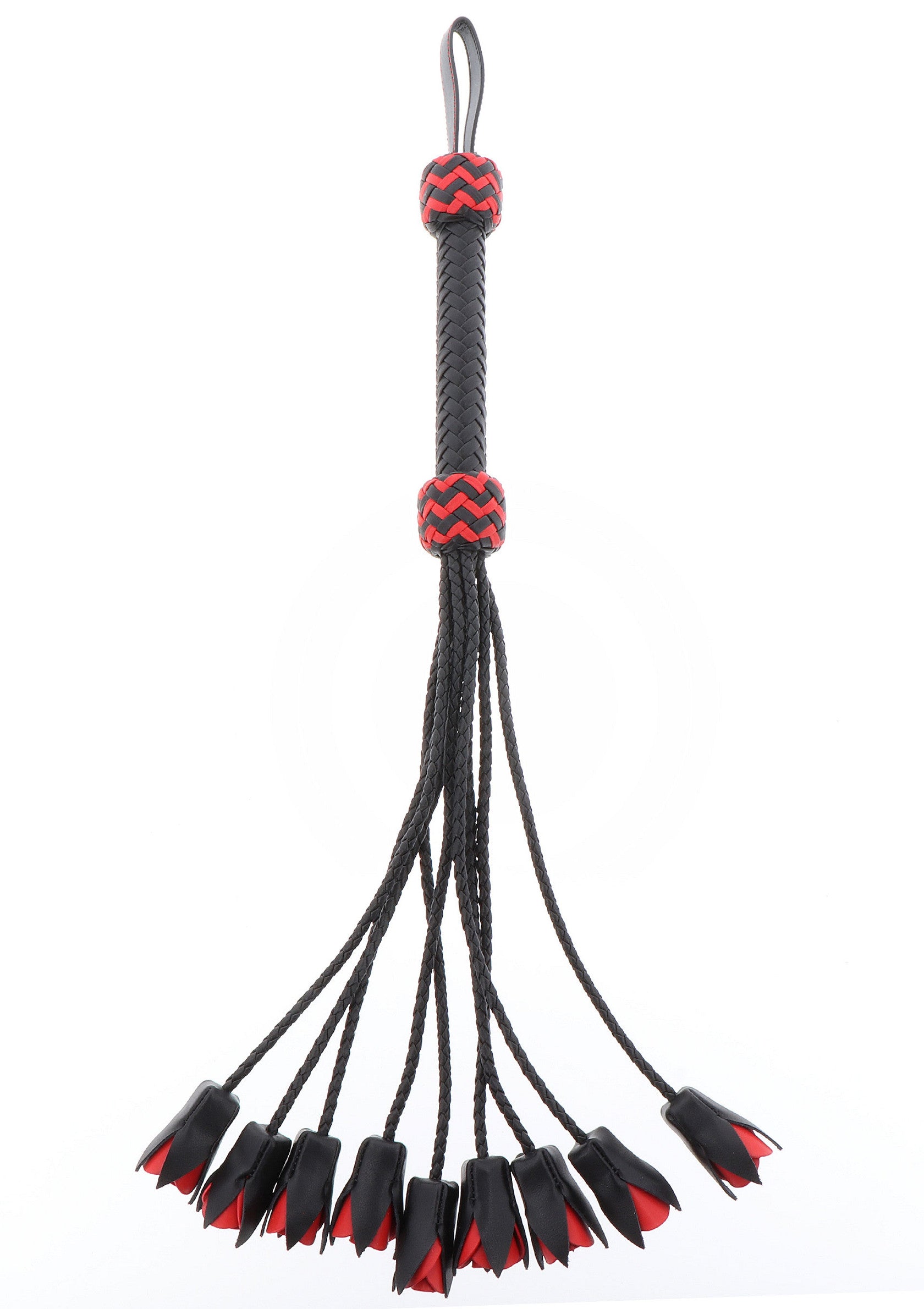 Flirt en cuir noir et rouge pour jeux de rôle et plaisir sensuel.; Zwart en rode leren flirter voor rollenspellen en sensueel genot.; Black and red leather flogger for role play and sensual pleasure.