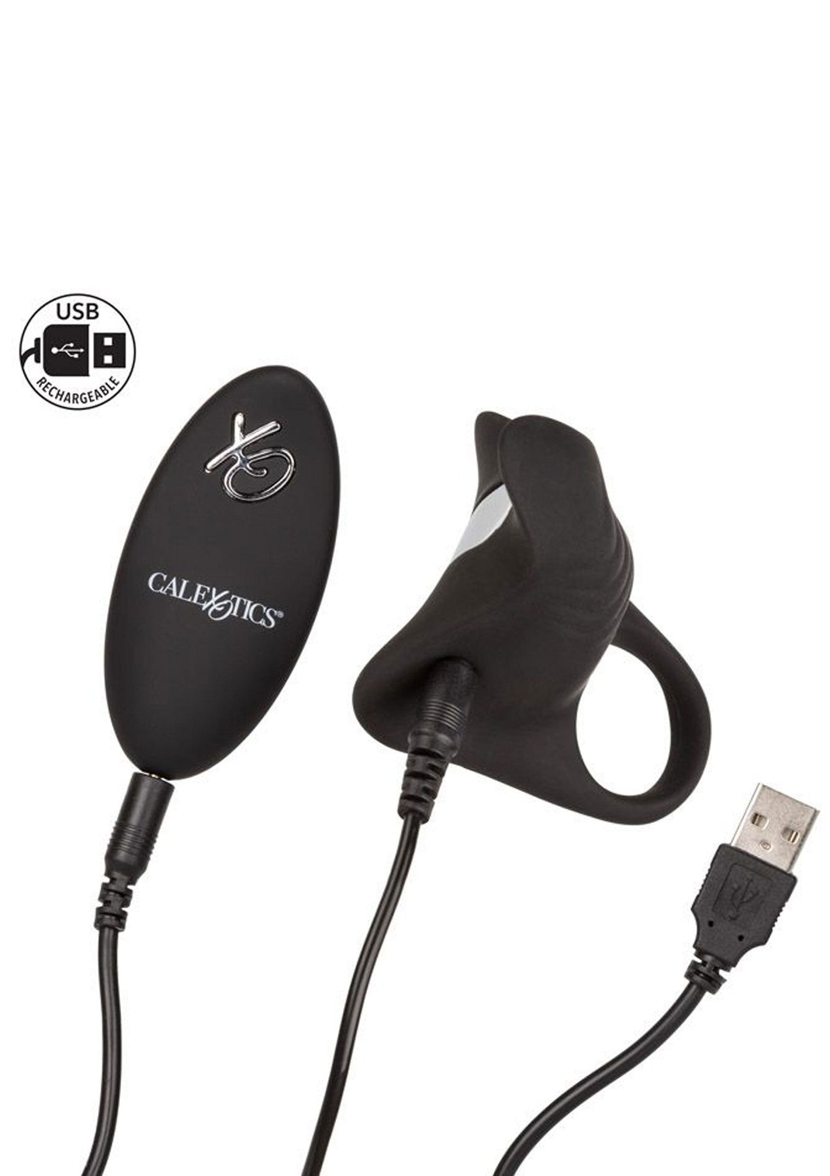 Anneau vibrant rechargeable CalExotics avec télécommande. Plaisir intense et contrôle à portée de main.; Oplaadbare CalExotics vibrerende penisring met afstandsbediening. Intens genot en controle binnen handbereik.; Rechargeable CalExotics vibrating cock ring with remote control. Intense pleasure & control at your fingertips.