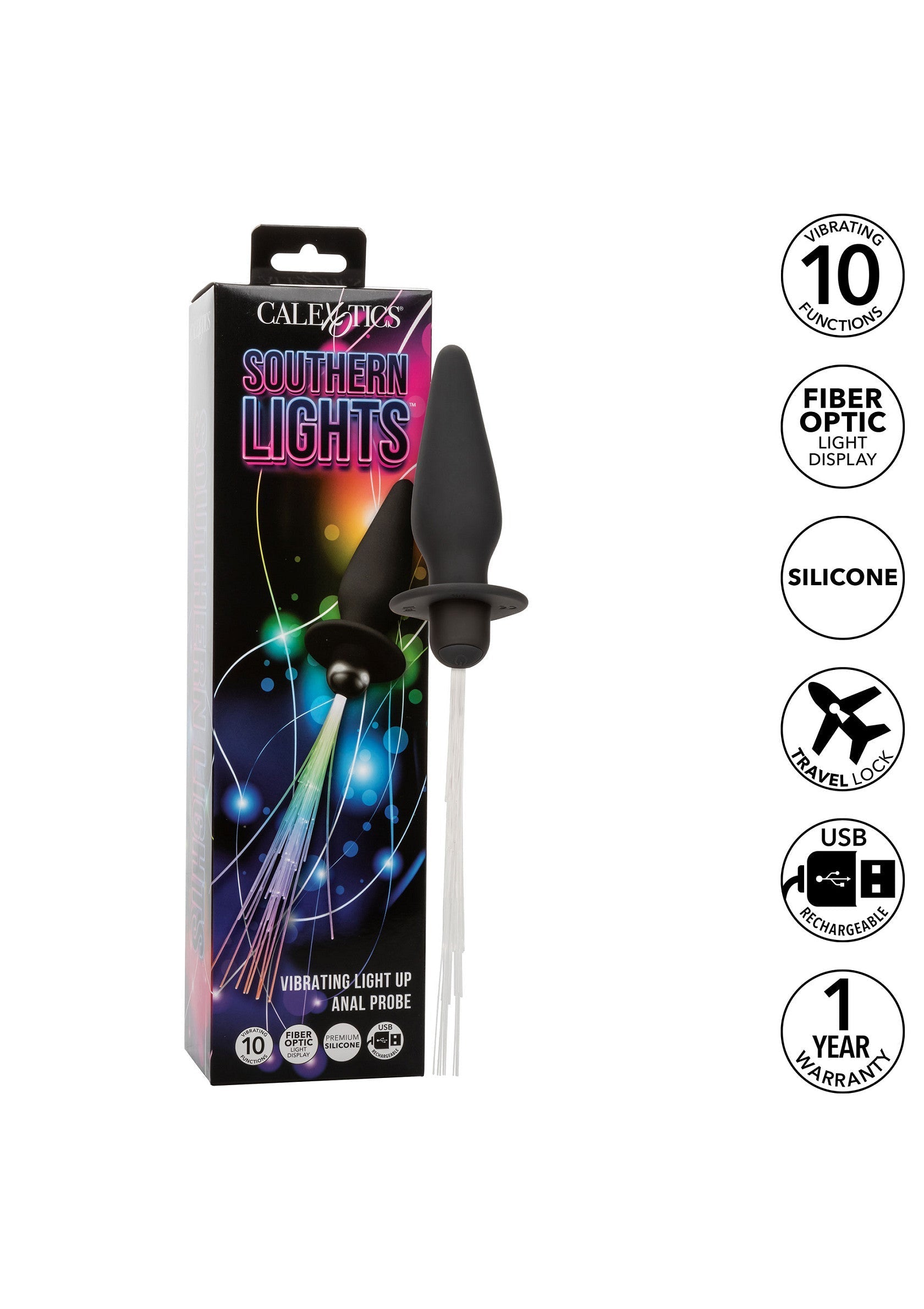 Plug anal vibrant CalExotics Southern Lights avec fibres optiques. 10 fonctions, silicone, rechargeable USB et verrouillage voyage.; CalExotics Southern Lights vibrerende buttplug met optische vezels. 10 functies, siliconen, USB oplaadbaar en reisslot.; CalExotics Southern Lights vibrating butt plug with fiber optics. 10 functions, silicone, USB rechargeable, & travel lock.