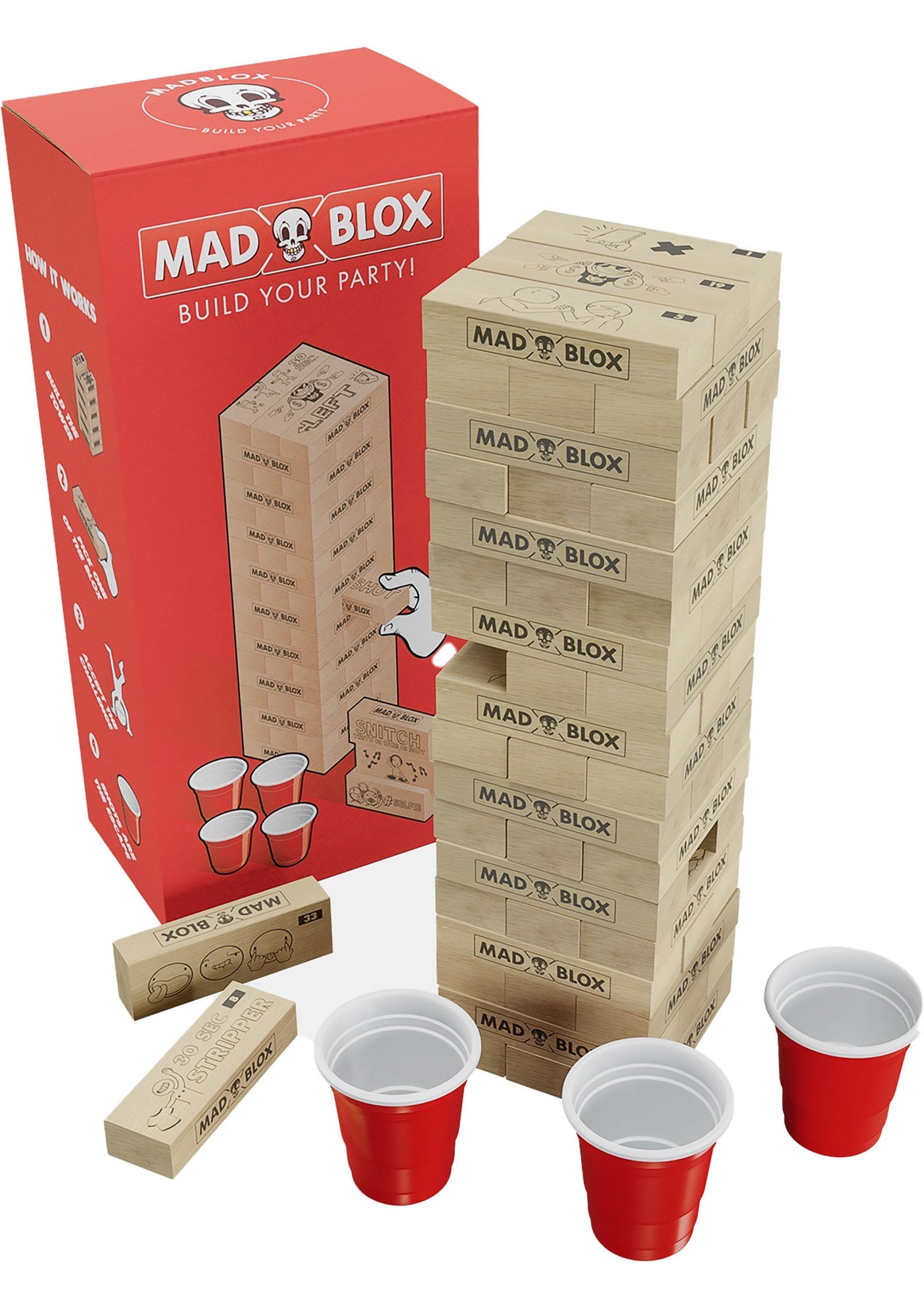 Mad Blox, le jeu de fête qui mettra l'ambiance ! Construisez, défiez vos amis et que la fête commence.; Mad Blox, het gezelschapsspel dat de sfeer erin brengt! Bouw, daag je vrienden uit en laat het feest beginnen.; Mad Blox, the party game that sets the mood! Build, challenge your friends and let the party begin.
