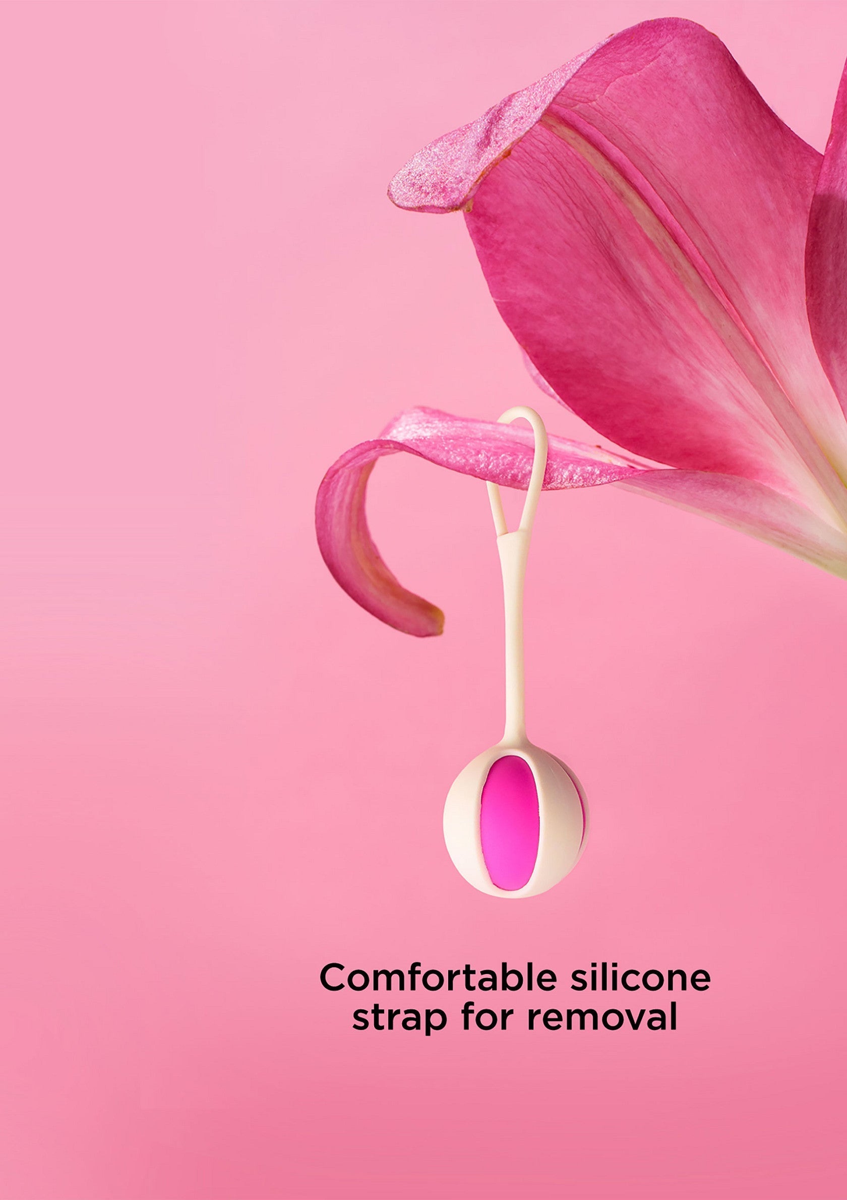 Boule de Geisha en silicone avec une sangle confortable pour le retrait. ; Siliconen Geisha bal met comfortabele verwijderingsband.; Silicone Geisha ball with comfortable strap for removal.