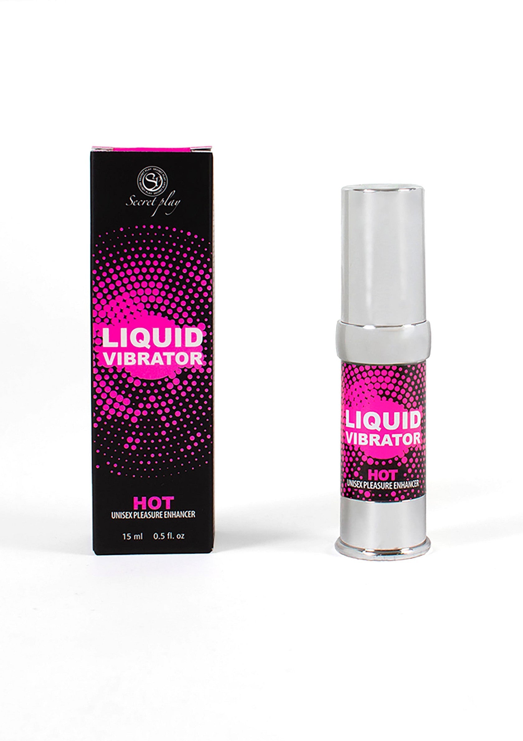 Secret Play Liquid Vibrator Hot, amplificateur de plaisir. Stimulant, augmente la sensibilité. 15ml.; Secret Play Liquid Vibrator Hot, plezierversterker. Stimulerend, verhoogt de gevoeligheid. 15ml.; Secret Play Liquid Vibrator Hot, pleasure enhancer. Stimulating, increases sensitivity. 15ml bottle.