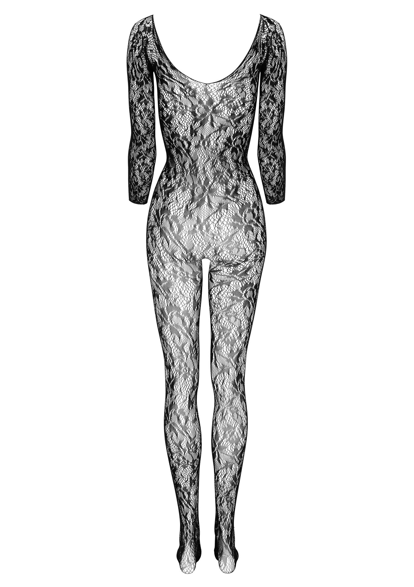 Body en dentelle noire à manches longues, élégant et sensuel.; Elegante en sensuele zwarte kanten bodysuit met lange mouwen.; Elegant and sensual long-sleeved black lace bodysuit.