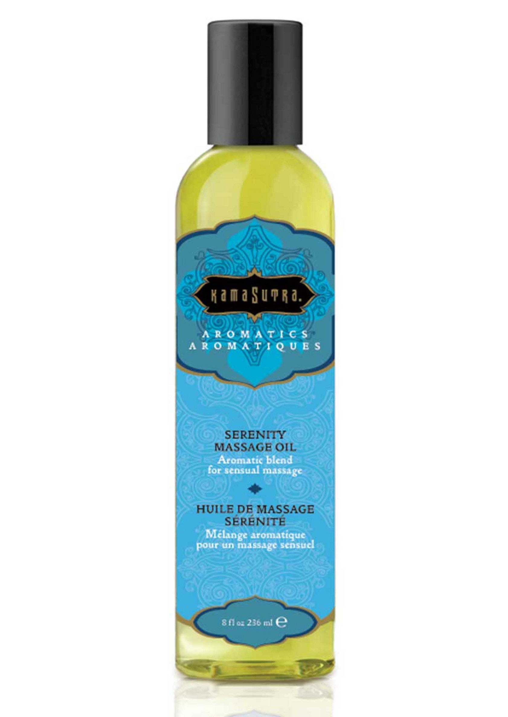 Huile de massage Kama Sutra Serenity. Mélange aromatique pour un massage sensuel. Relaxez-vous et profitez.; Kama Sutra Serenity massageolie. Aromatische mix voor sensuele massage. Ontspan en geniet.; Kama Sutra Serenity massage oil. Aromatic blend for sensual massage. Relax and enjoy.