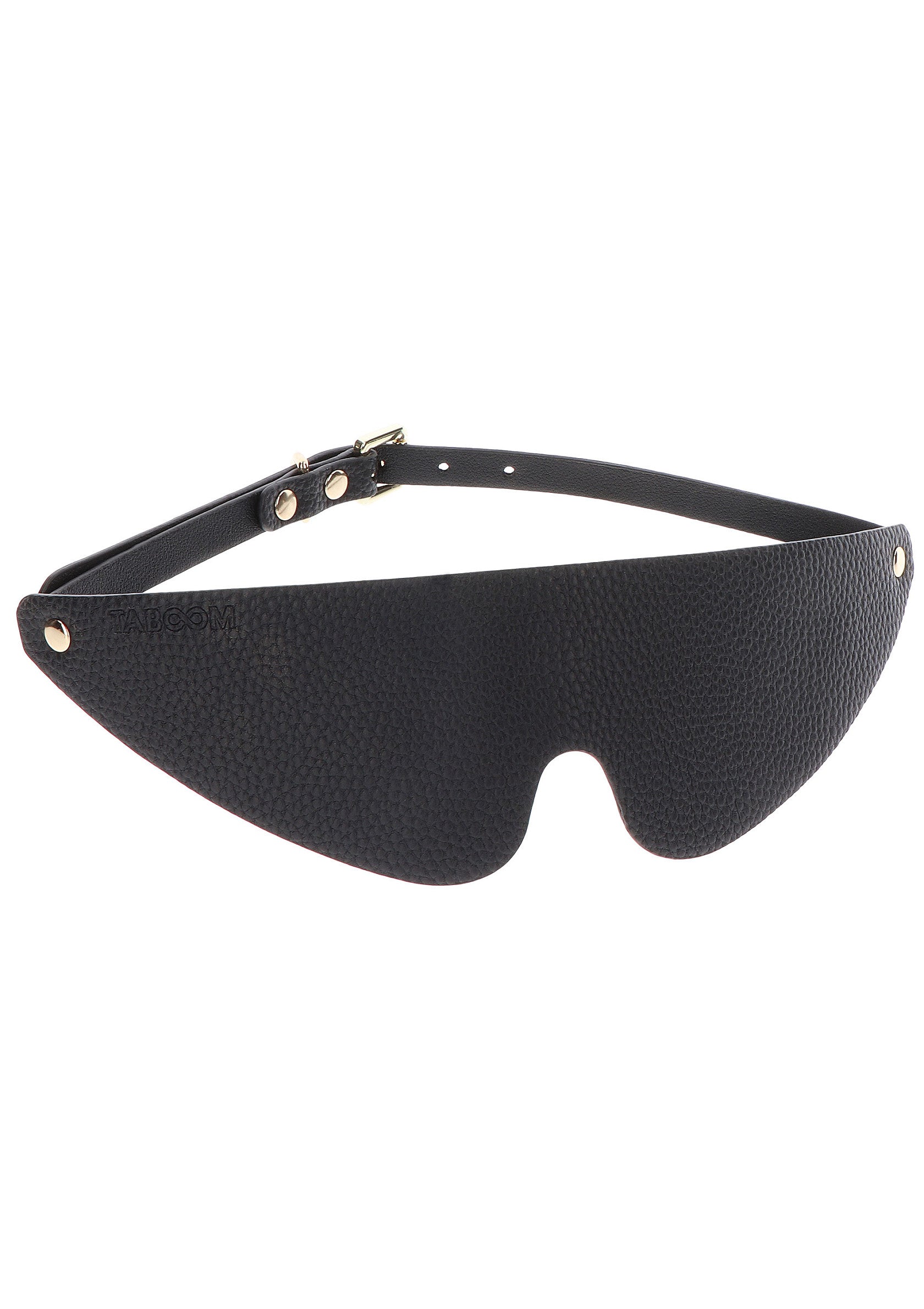 Masque oculaire en cuir noir avec boucle réglable pour jeux coquins.; Zwarte leren oogmasker met verstelbare gesp voor ondeugende spelletjes.; Black leather blindfold eye mask with adjustable buckle for kinky games.