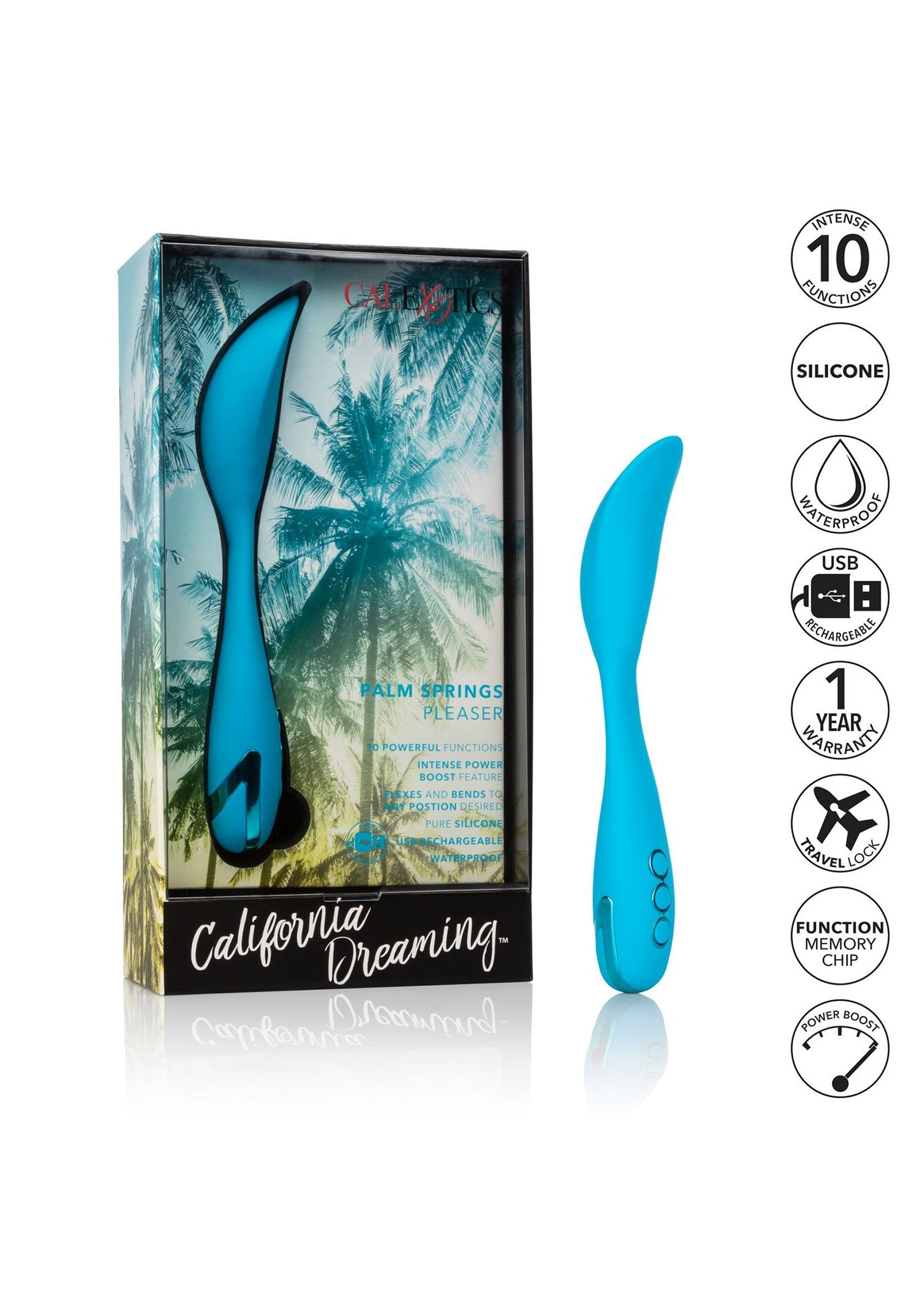 Vibromasseur incurvé bleu 'California Dreaming'. 10 fonctions, silicone, étanche, USB rechargeable.; Blauwe gebogen vibrator 'California Dreaming'. 10 functies, siliconen, waterdicht, USB oplaadbaar.; Blue curved vibrator 'California Dreaming'. 10 functions, silicone, waterproof, USB rechargeable.
