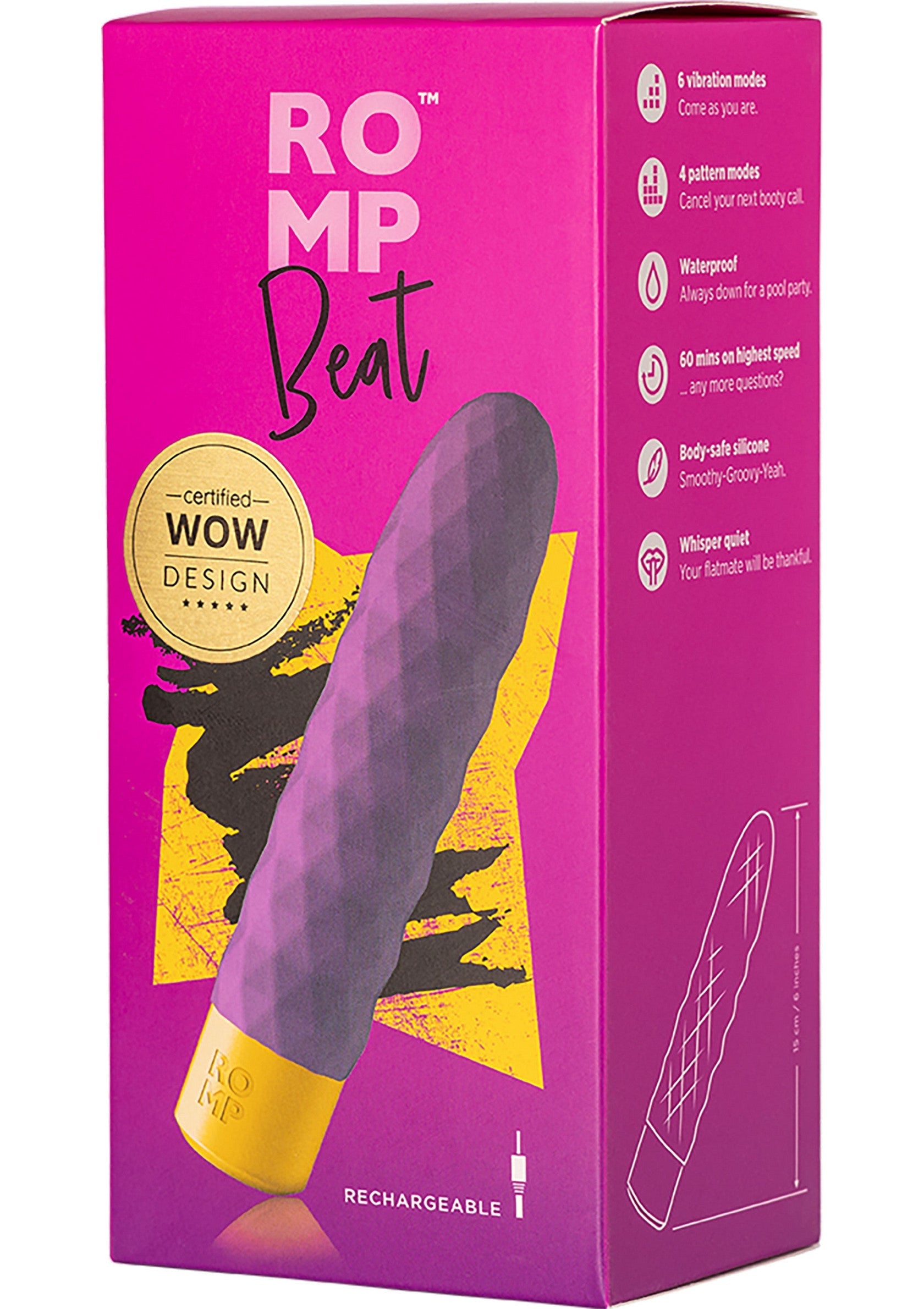 ROMP Beat vibromasseur rechargeable violet et or. 6 modes de vibration, étanche et silencieux.; ROMP Beat oplaadbare vibrator paars en goud. 6 vibratiestanden, waterdicht en fluisterstil.; ROMP Beat rechargeable vibrator purple and gold. 6 vibration modes, waterproof, and whisper quiet.